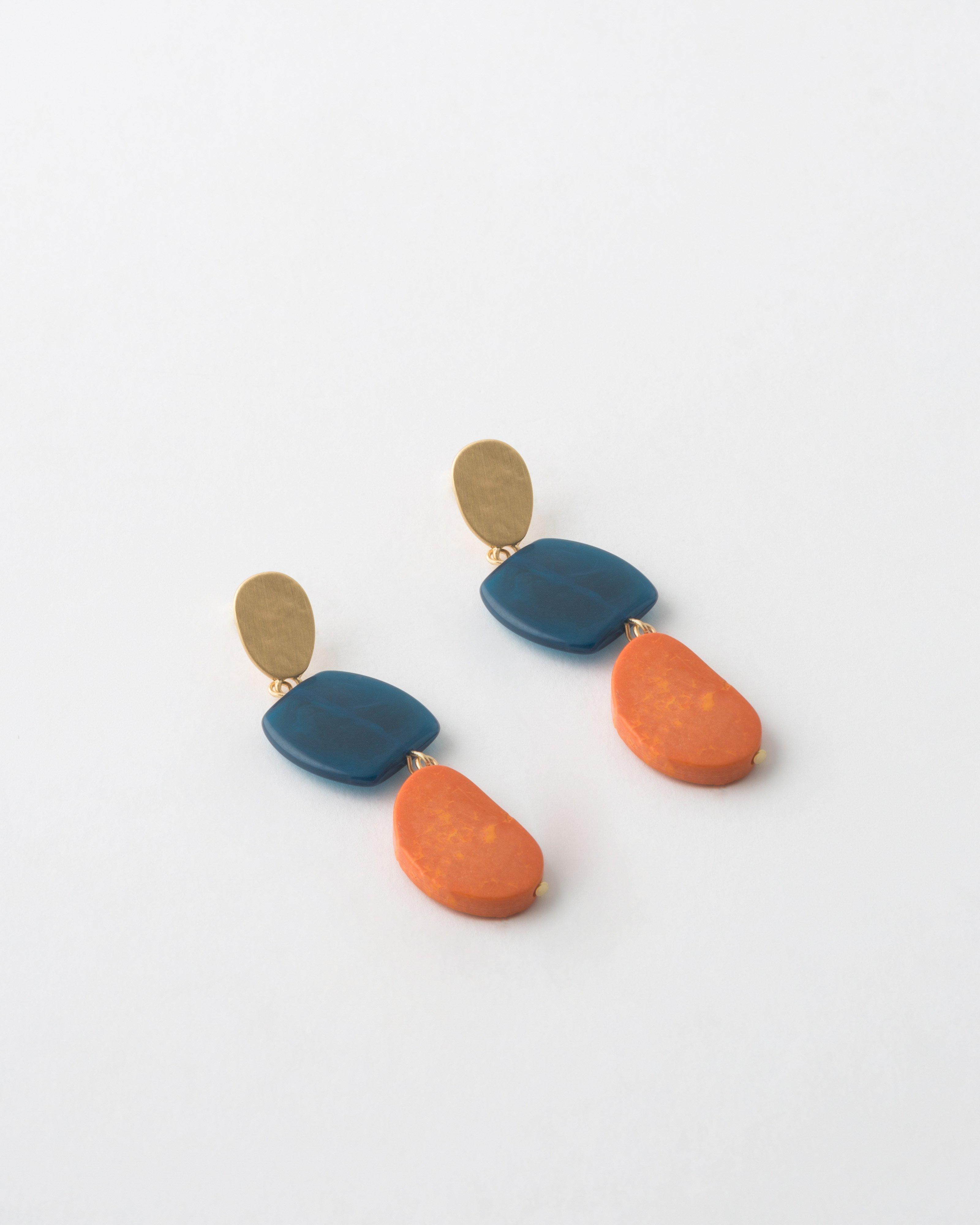 Three Tier Brushed & Textured Natural Stone Earrings -  Blue