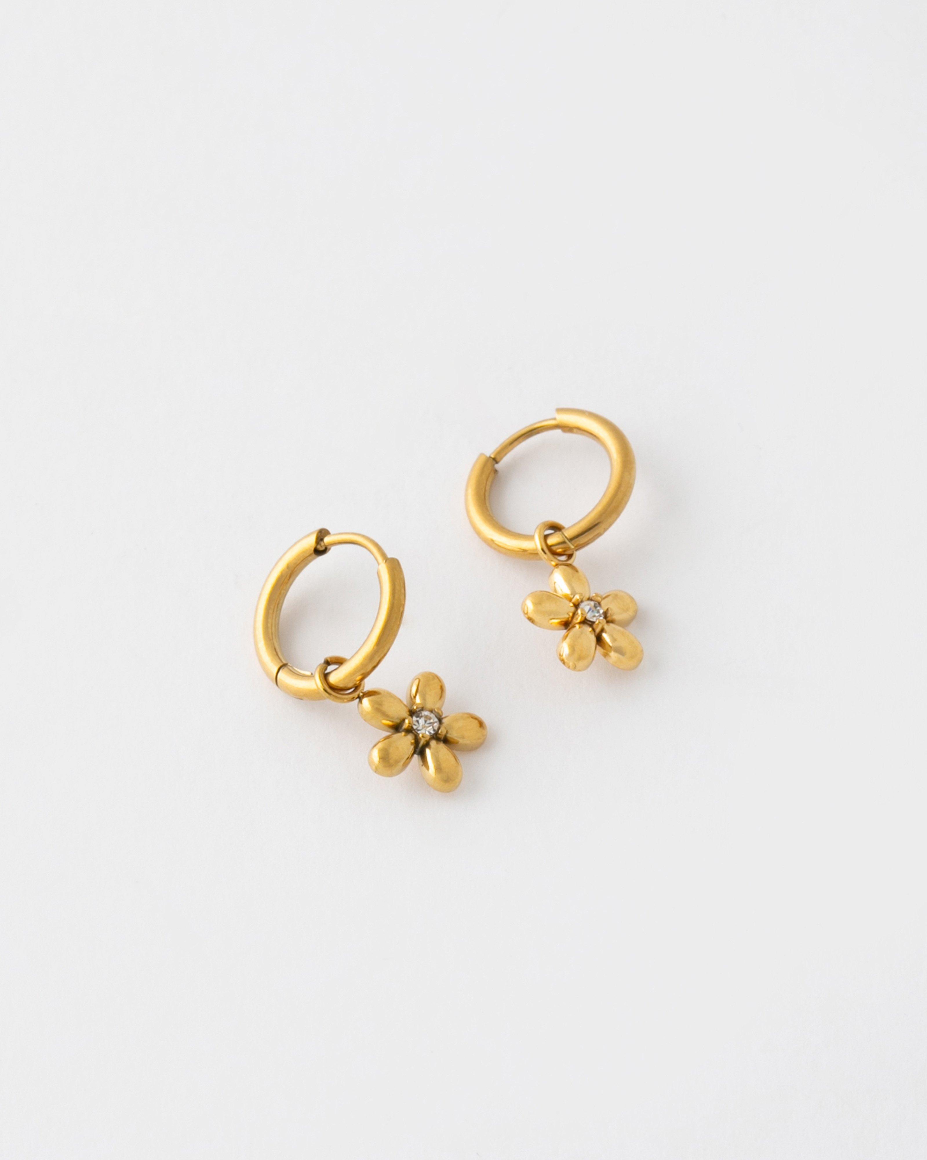 Stainless Steel Daisy Huggie Earrings -  Gold
