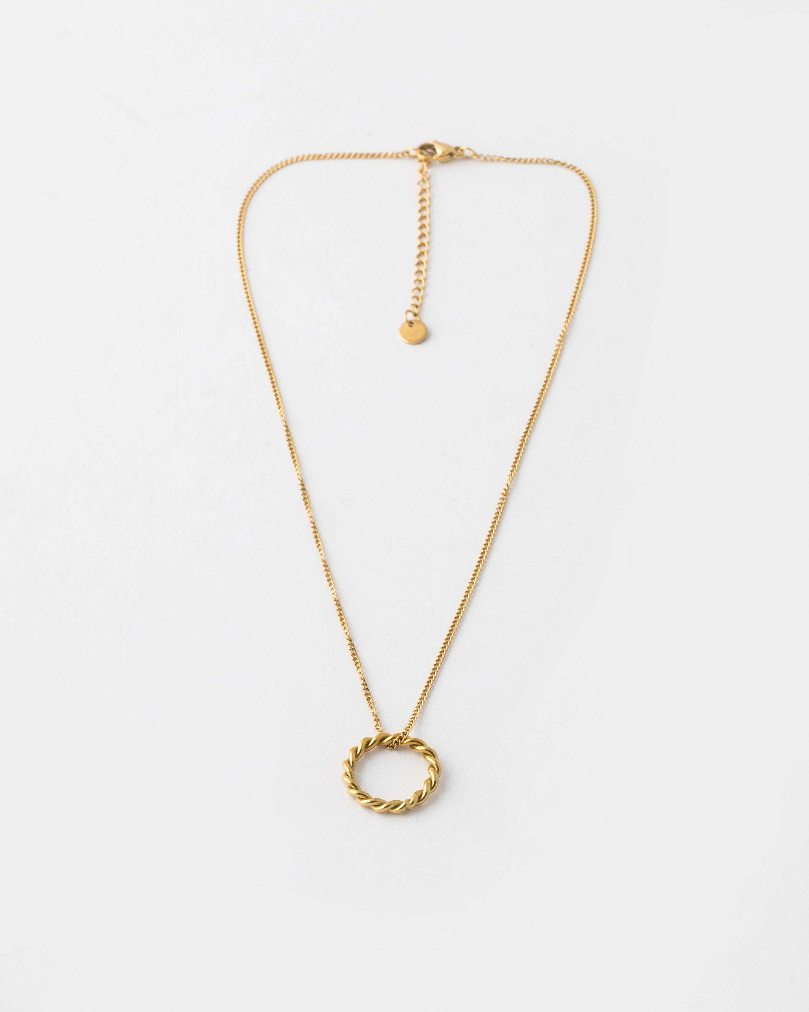 Stainless Steel Twisted Circular Pendant Necklace -  Gold