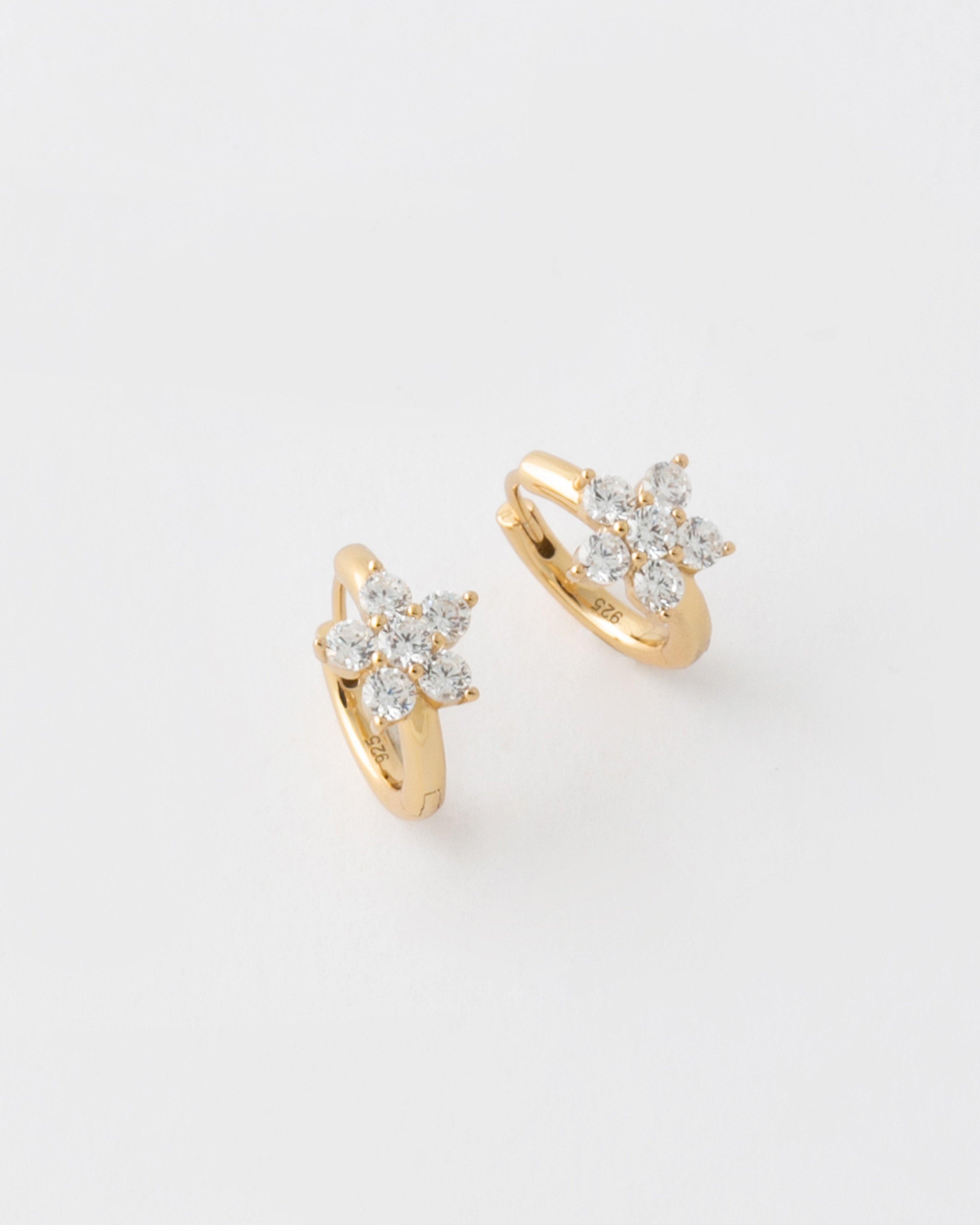 Sterling Silver Flower Cubic Zirconia Stone Huggie Earrings -  Gold