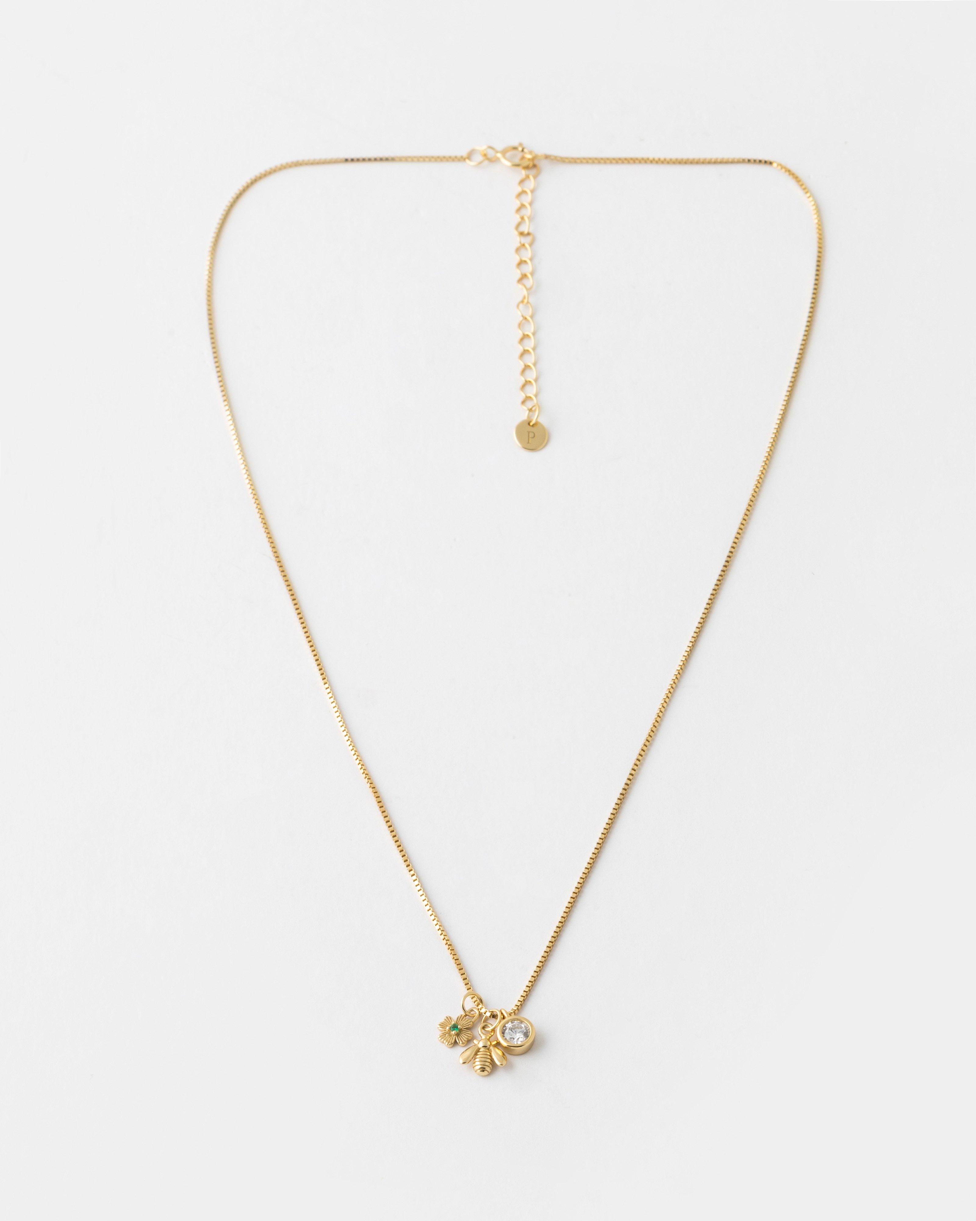 Sterling Silver Bee & Flower Pendant Necklace -  Gold