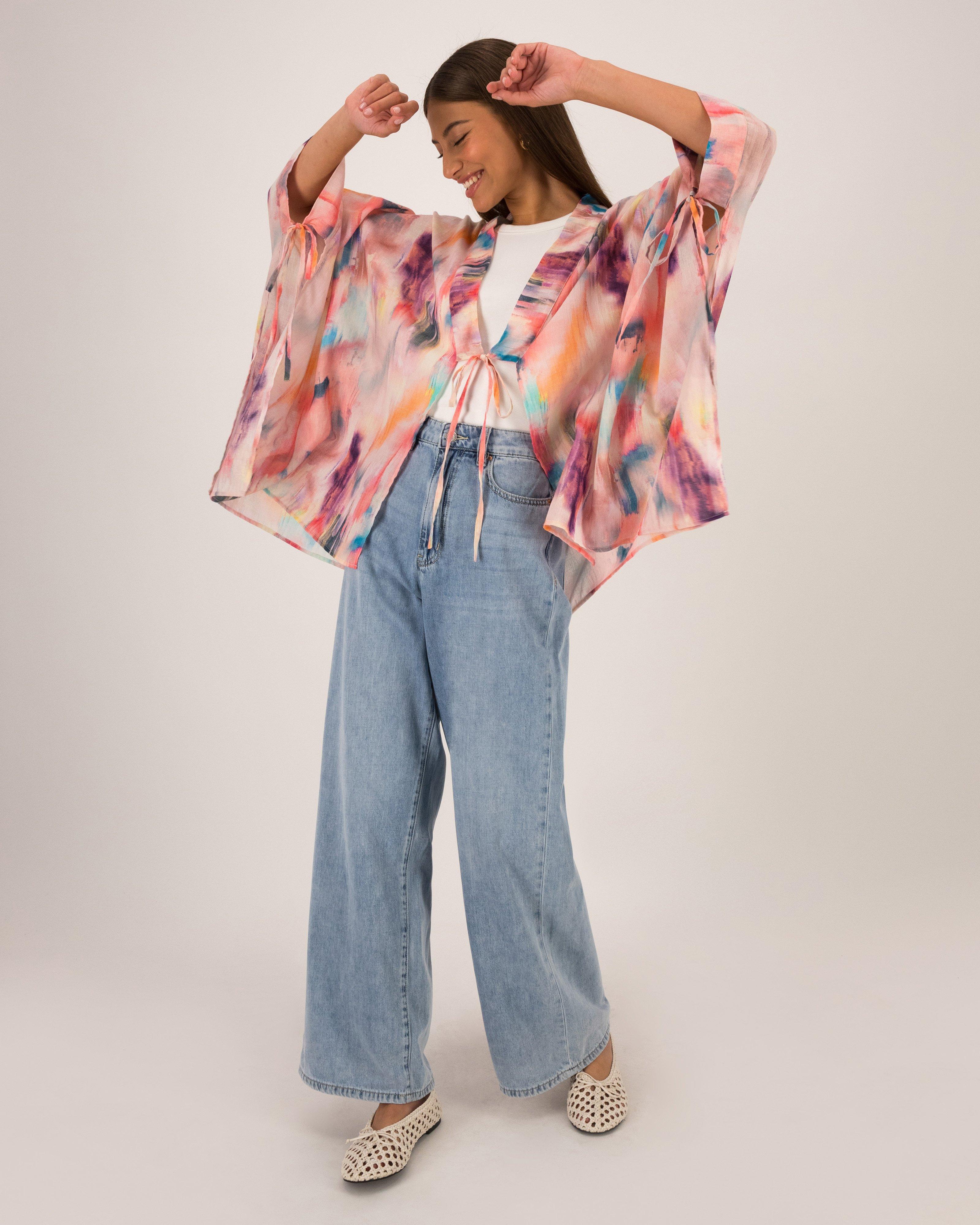 Elena Tie-Detail Short Printed Kimono -  Assorted