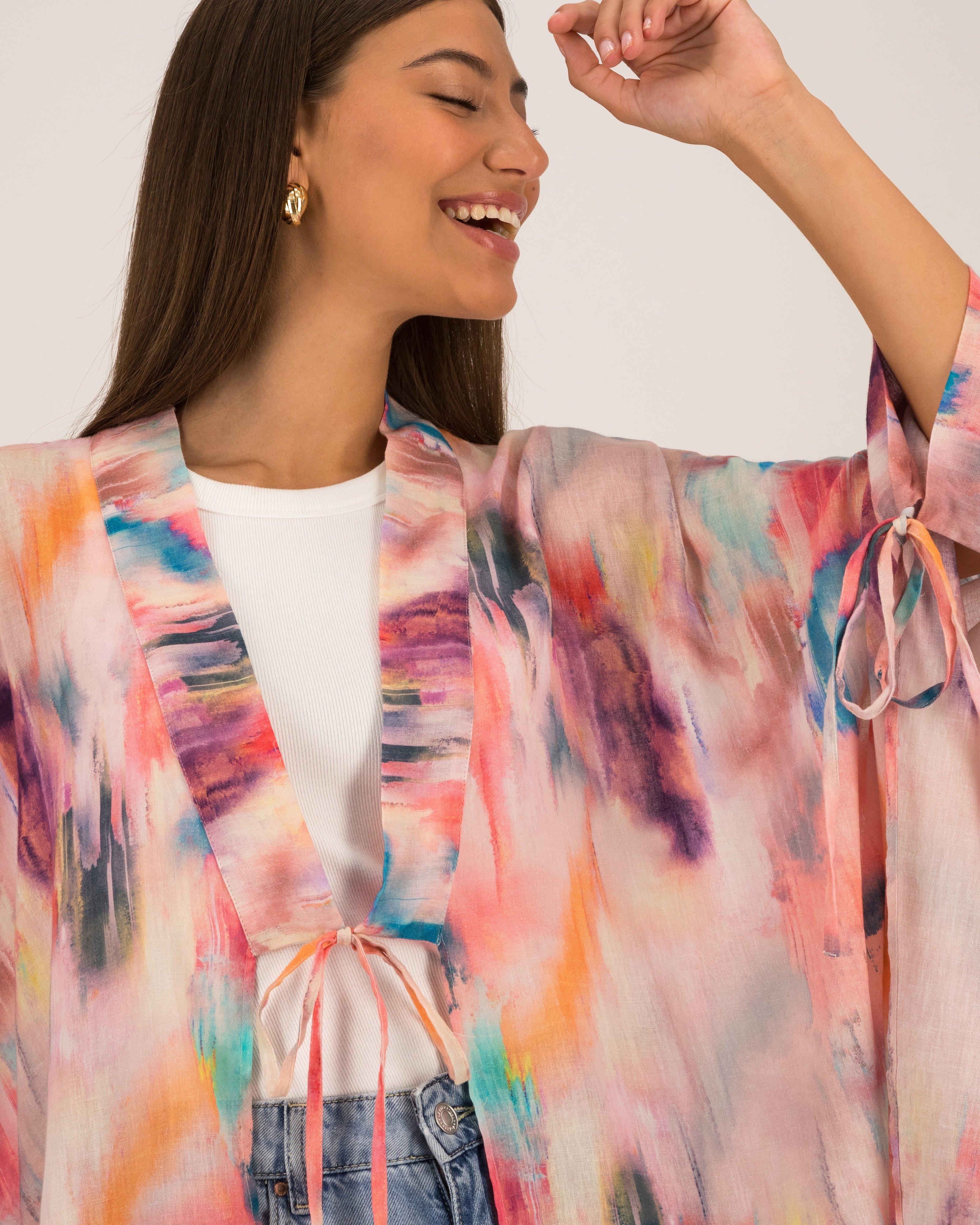 Elena Tie-Detail Short Printed Kimono -  Assorted