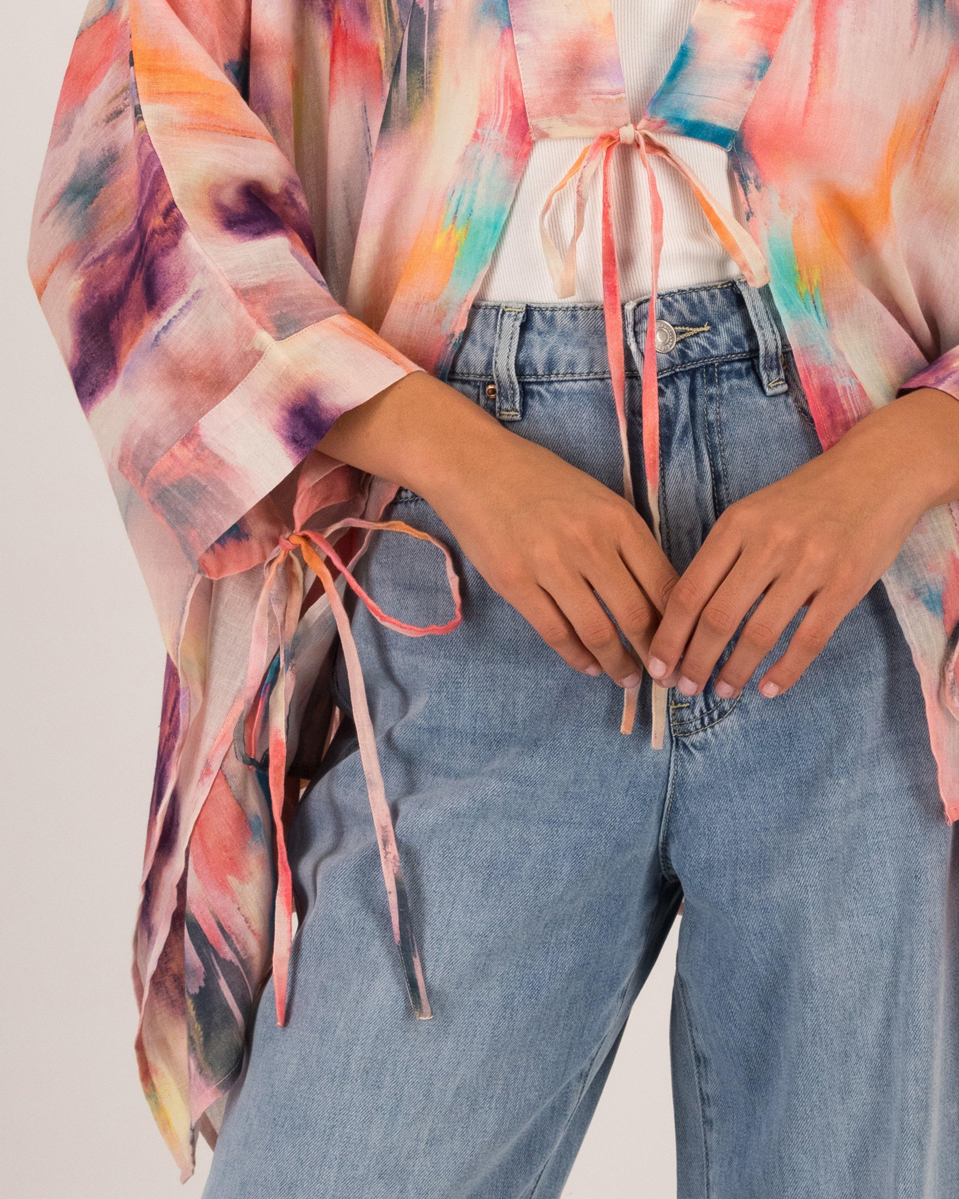 Elena Tie-Detail Short Printed Kimono -  Assorted