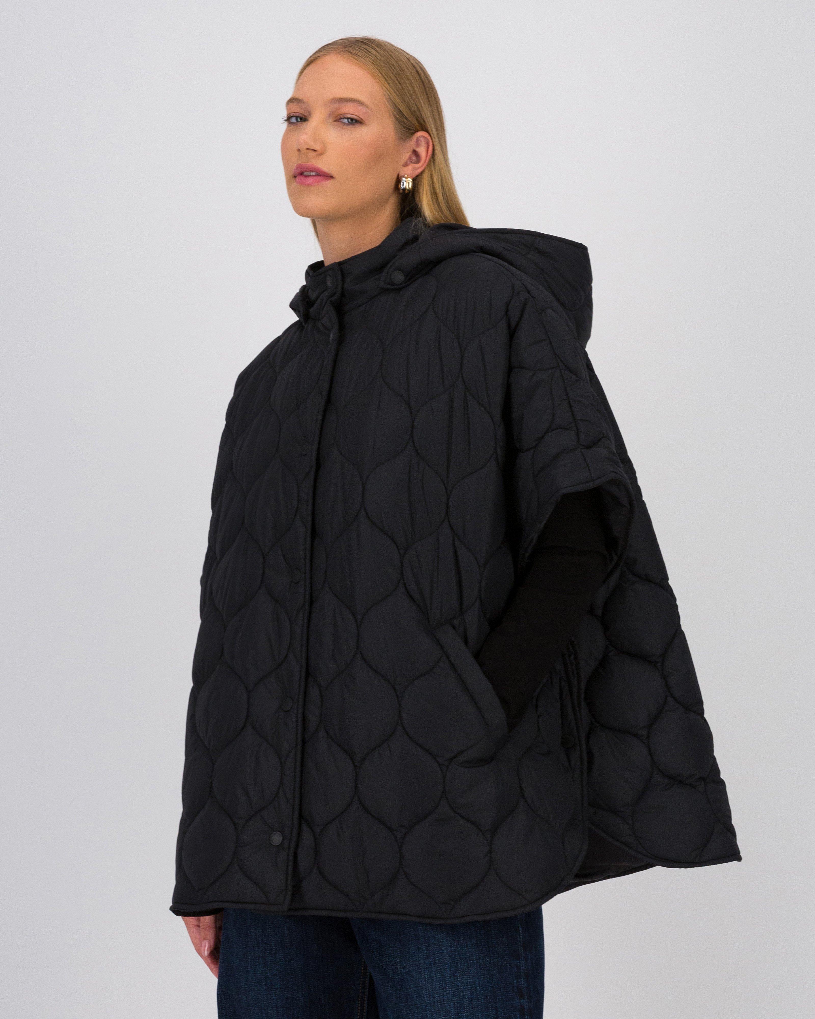 Millie Quilted Hood Poncho -  Black