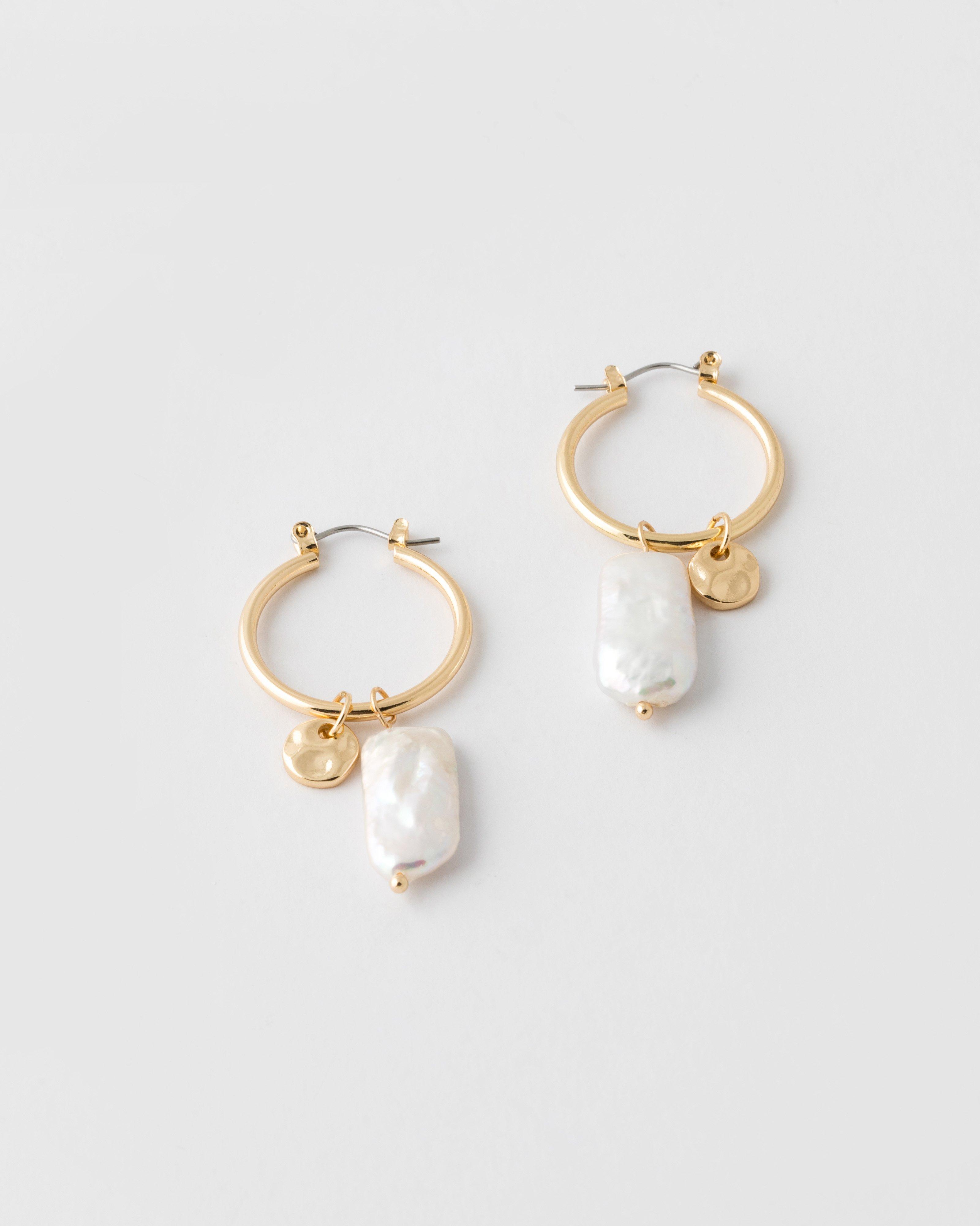 Freshwater Pearl & Indented Disk Hoop Earrings -  Milk