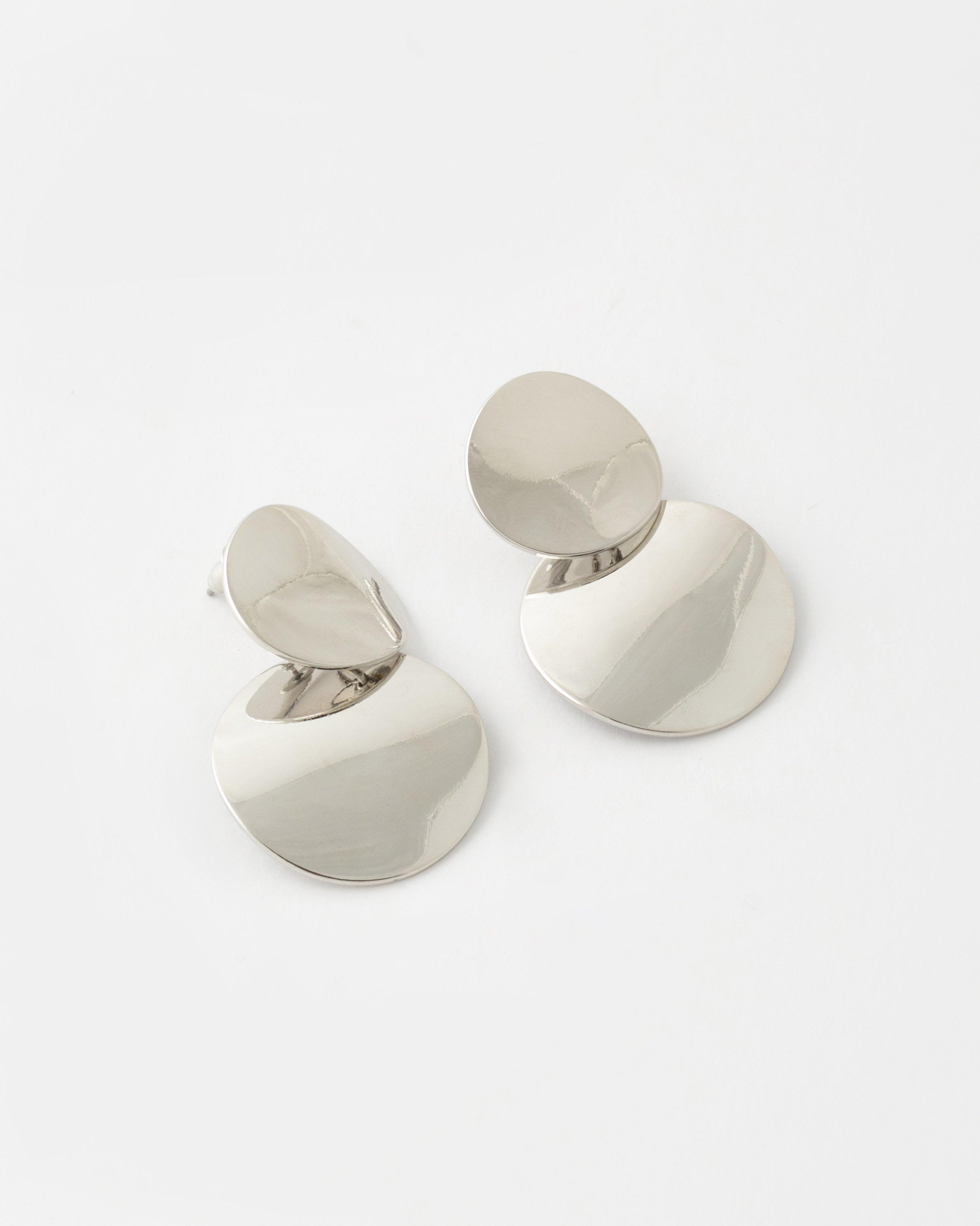 Shiny Double Disk Drop Earrings -  Silver
