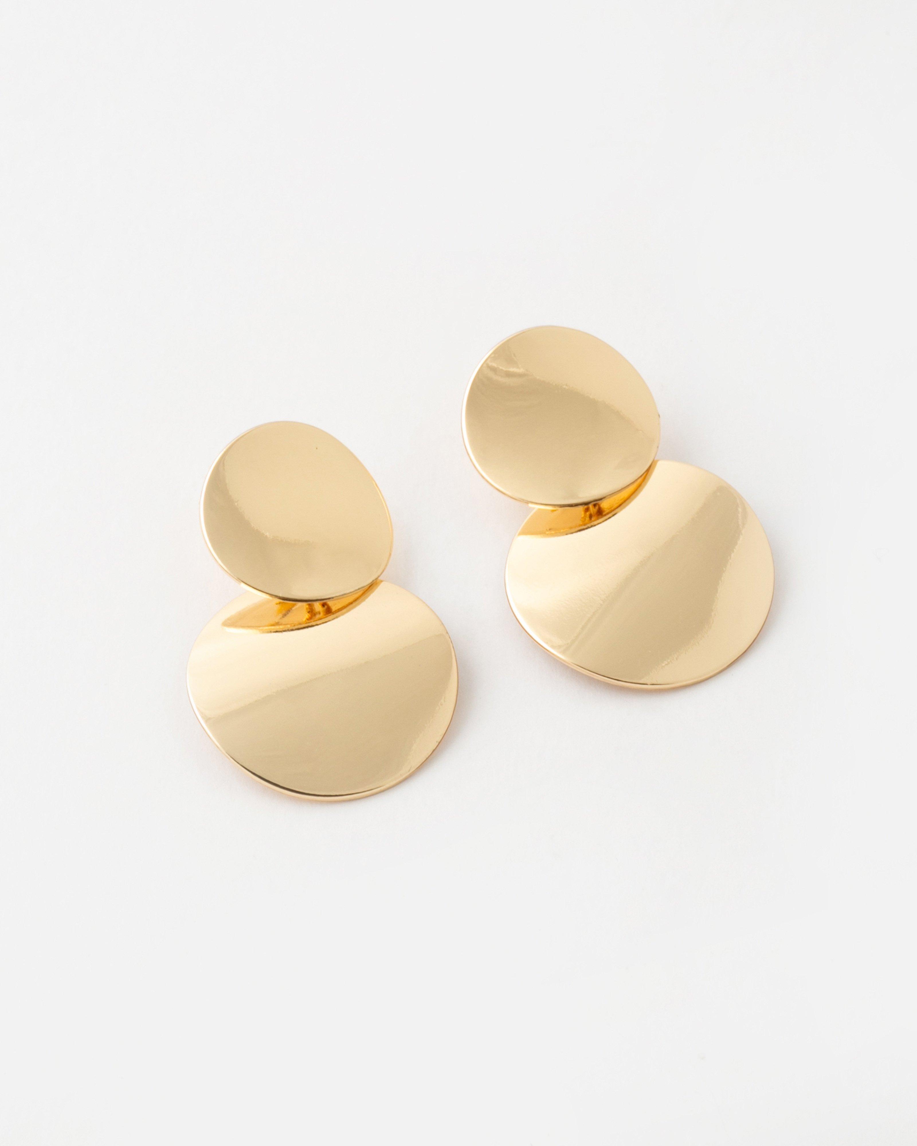 Shiny Double Disk Drop Earrings -  Gold