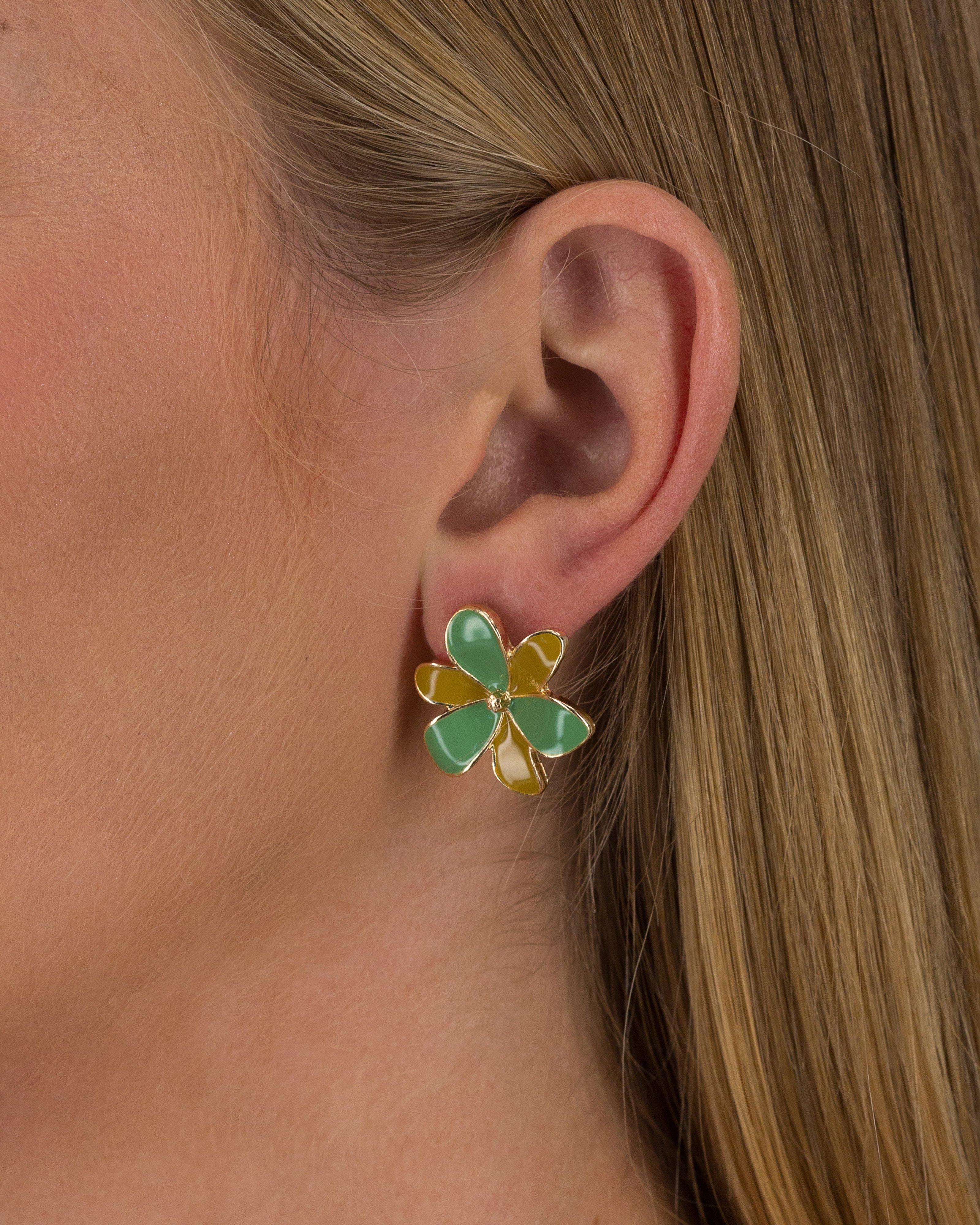 Enamel Colourblock Flower Stud Earrings -  Green