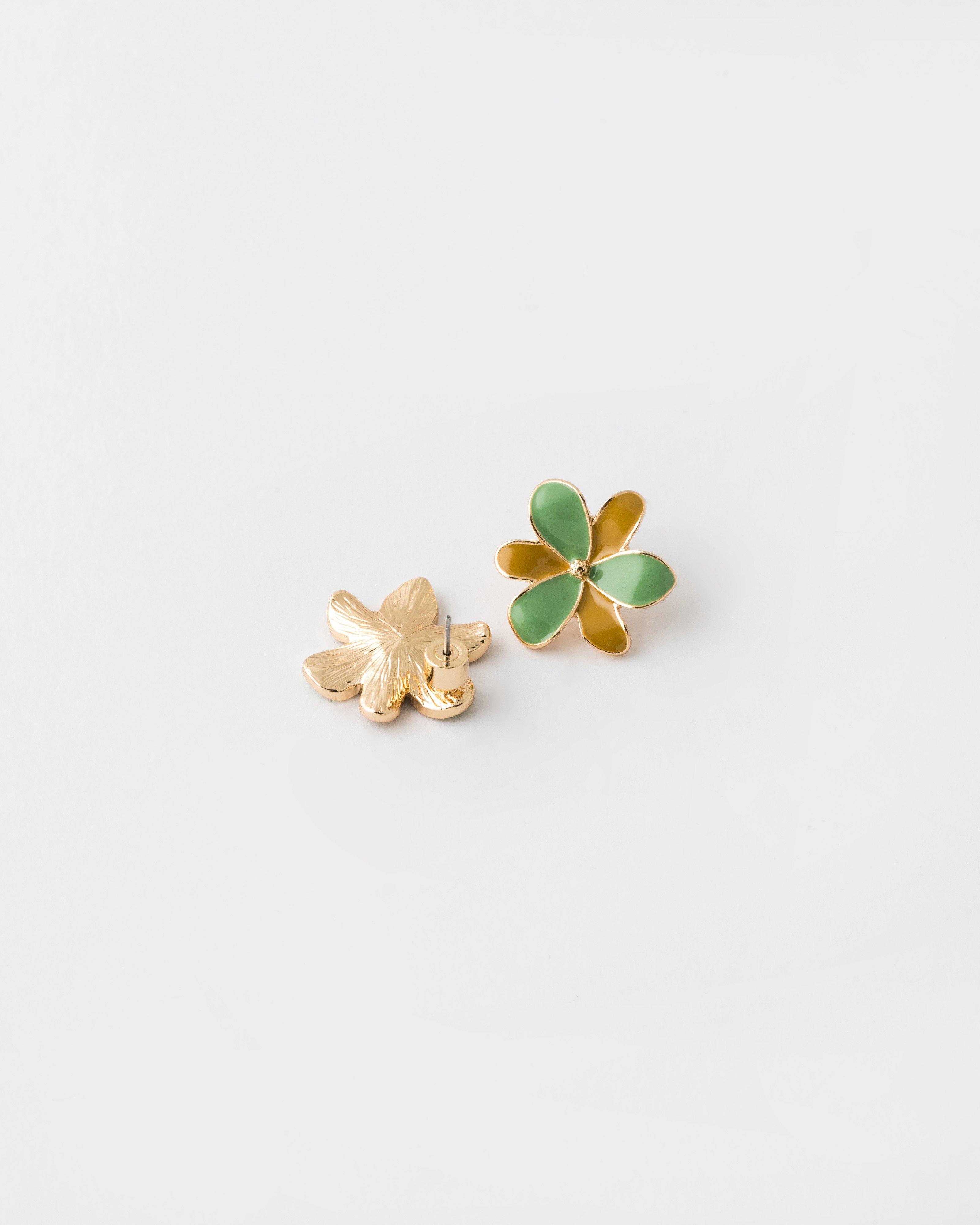 Enamel Colourblock Flower Stud Earrings -  Green
