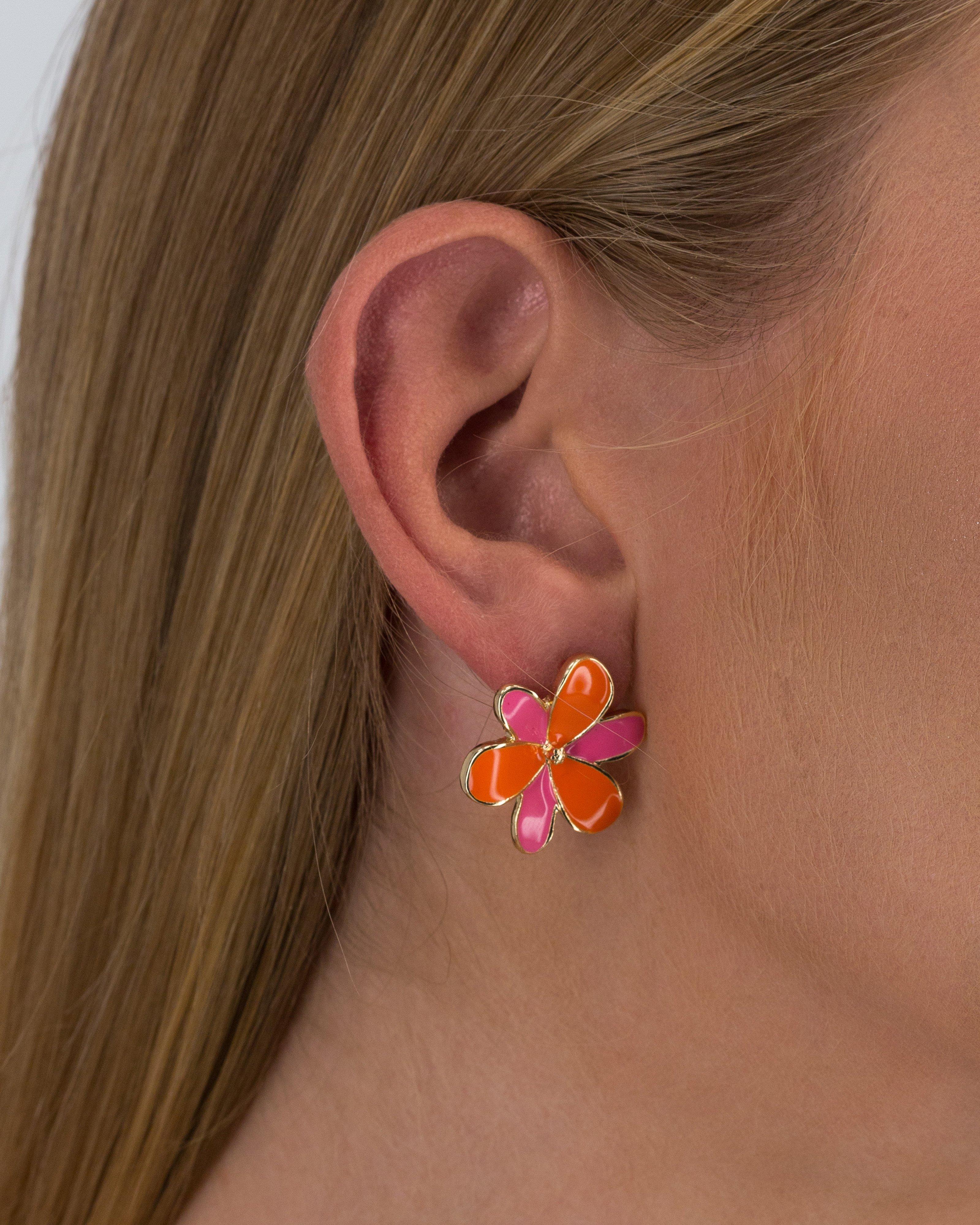 Enamel Colourblock Flower Stud Earrings -  Orange