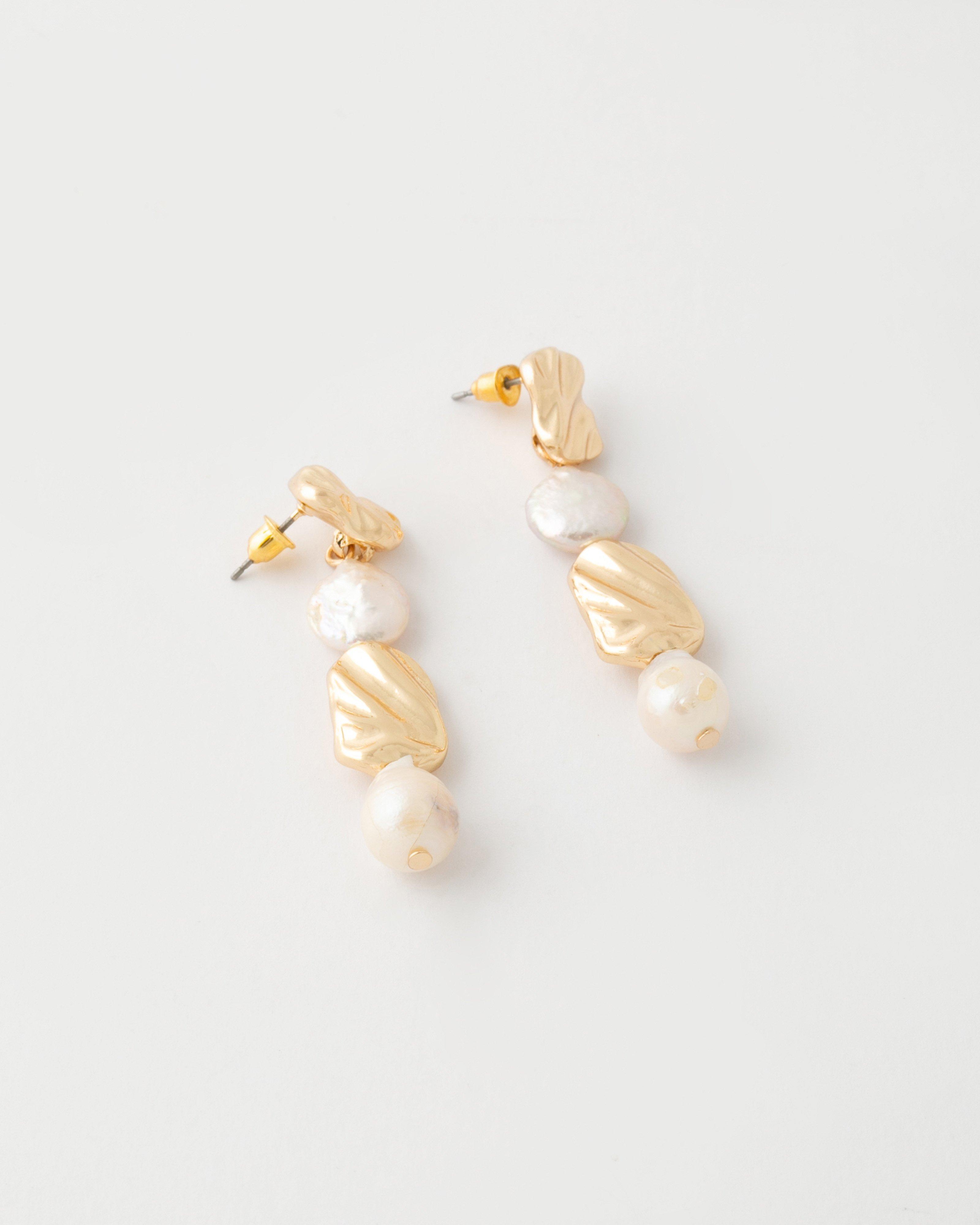 Square Textured & Freshwater Pearl Statement Drop Earrings -  Milk