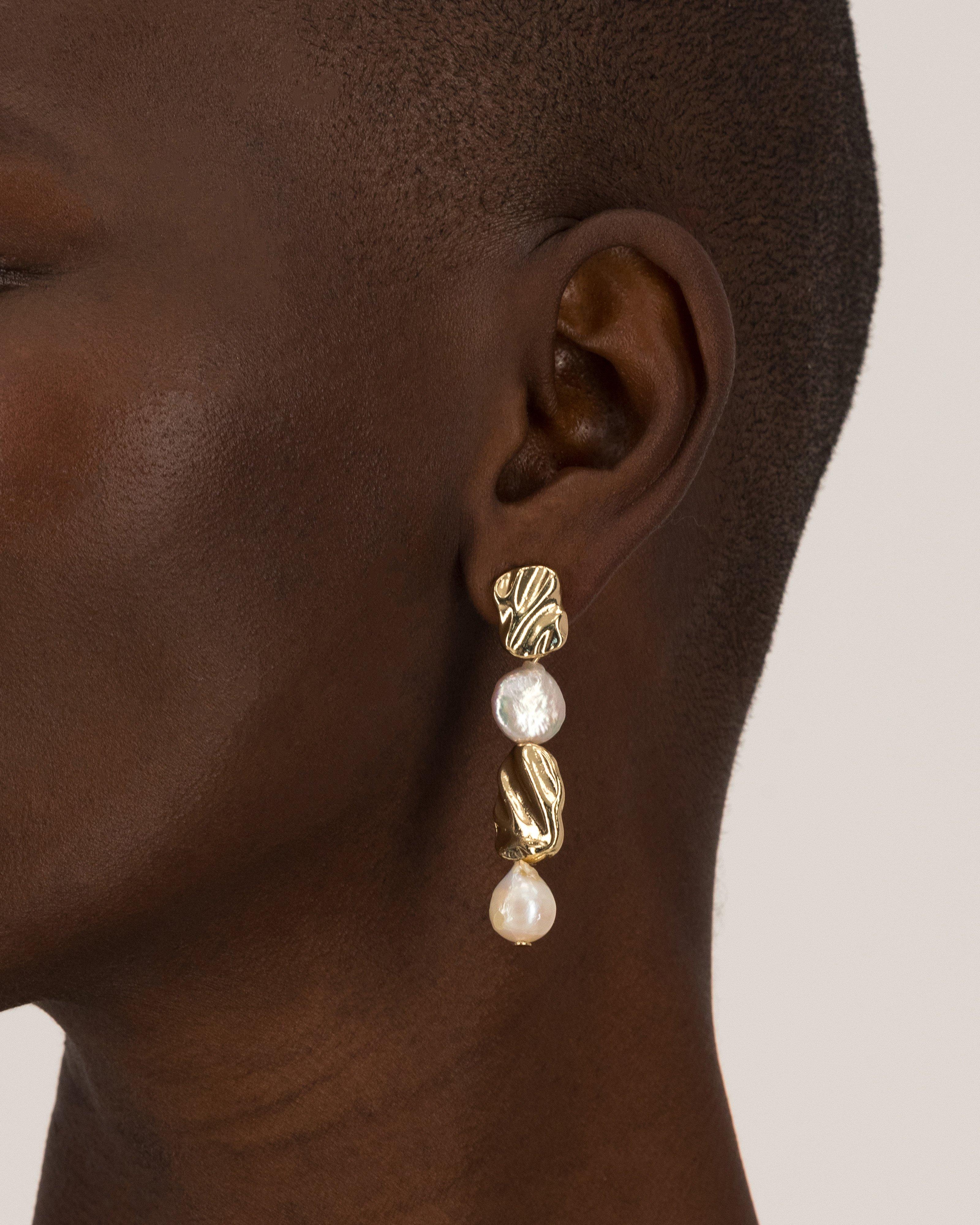 Square Textured & Freshwater Pearl Statement Drop Earrings -  Milk