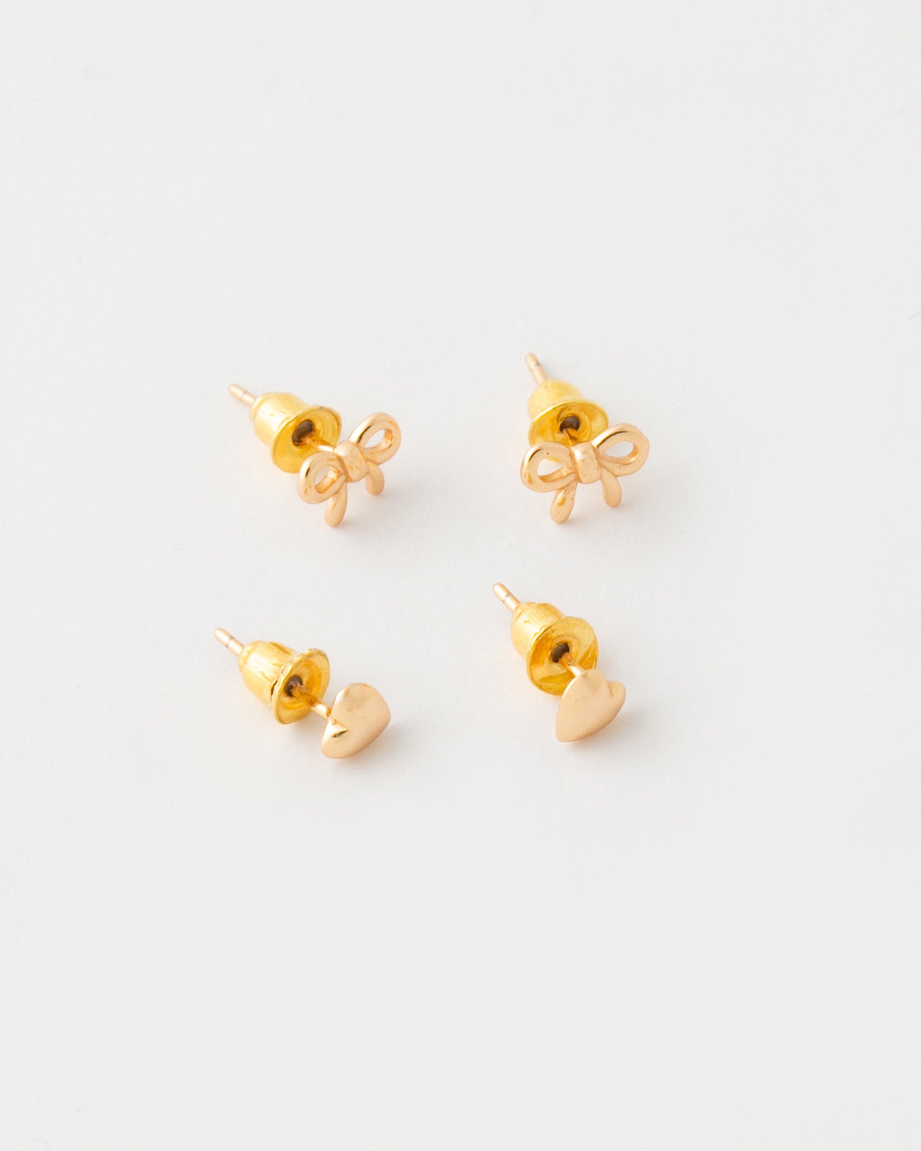Sterling Silver Heart & Bow Stud Earring Pack -  Gold