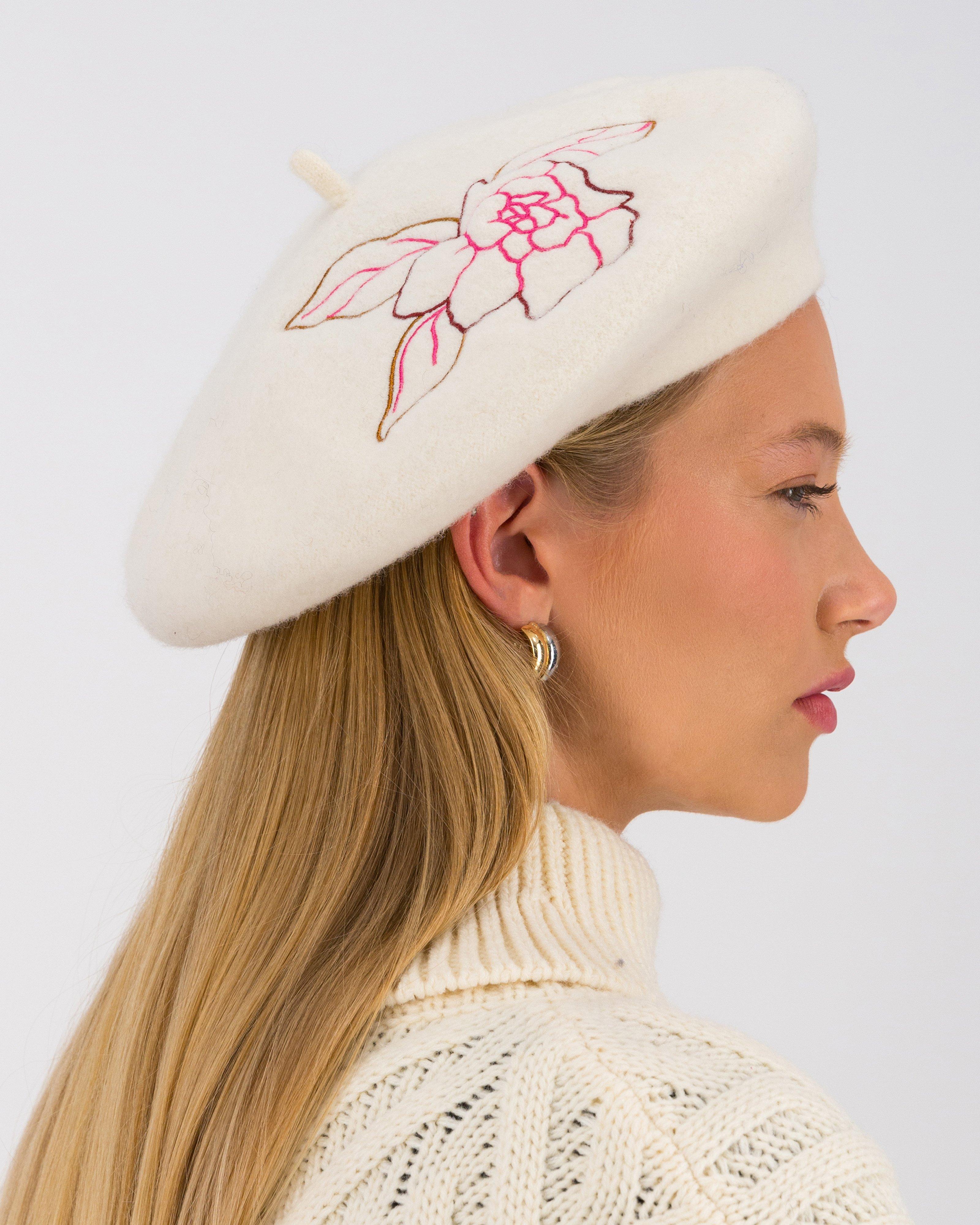 Lydia Rose Applique Wool Beret -  Milk