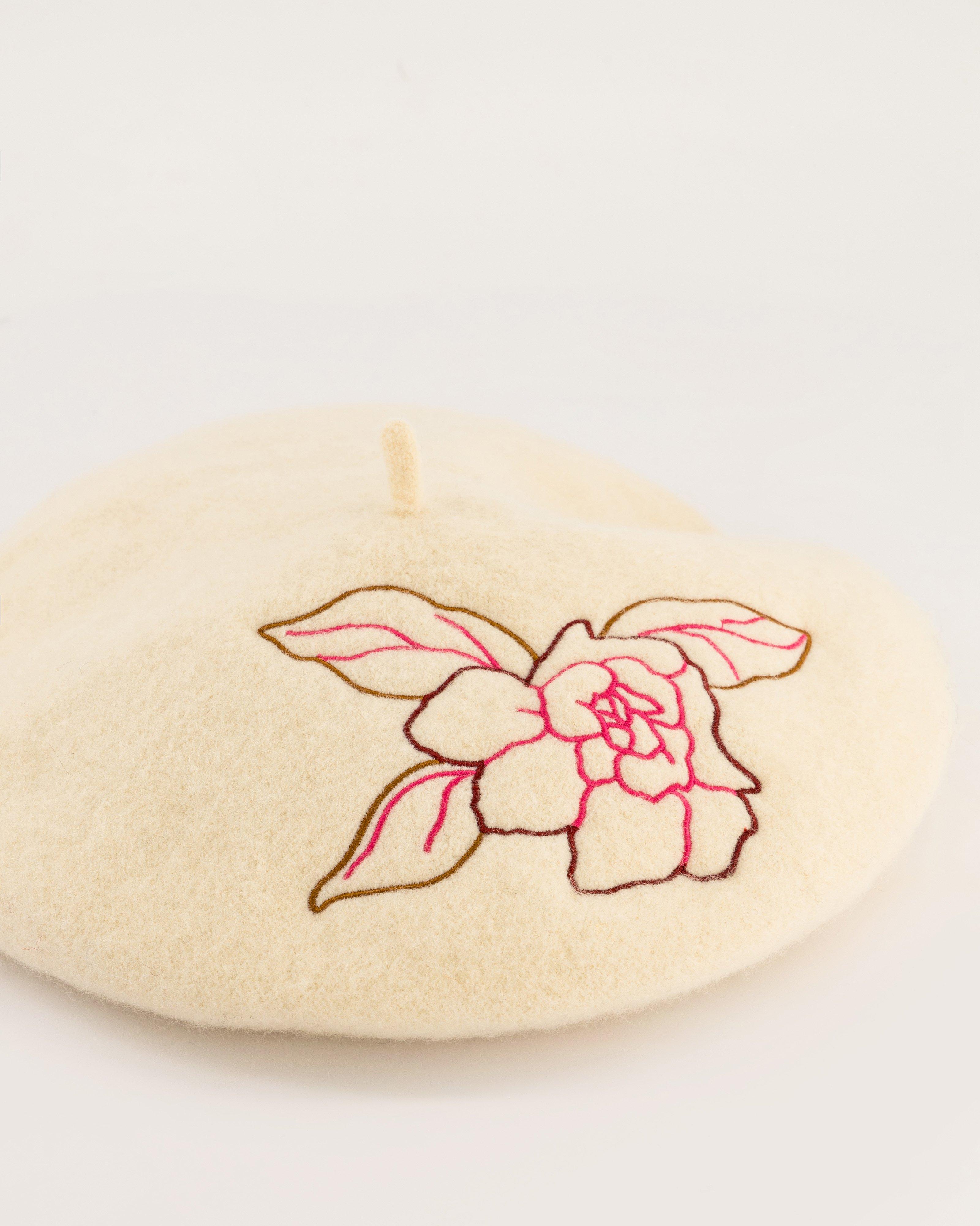 Lydia Rose Applique Wool Beret -  Milk