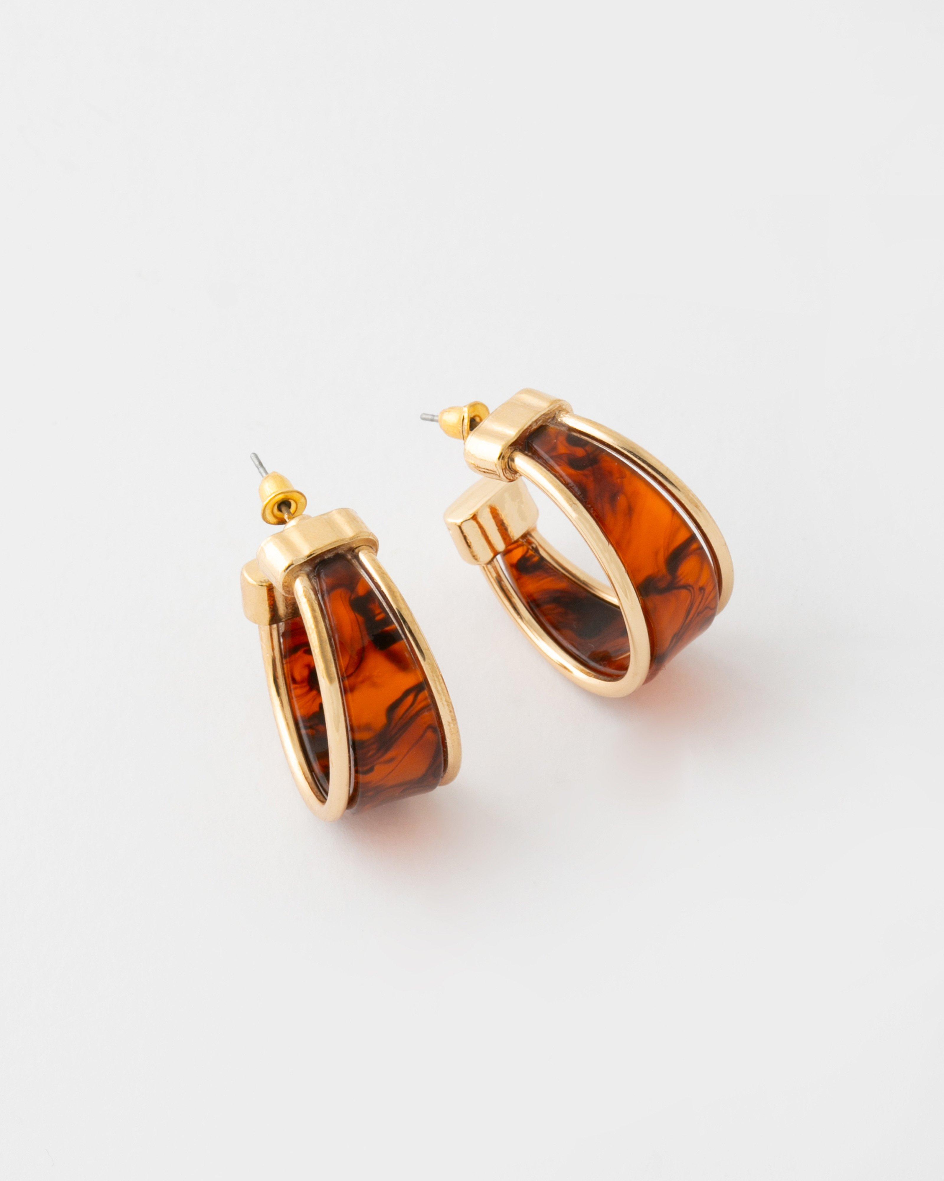 Textured Wooden Inner Hoop Earrings -  Brown