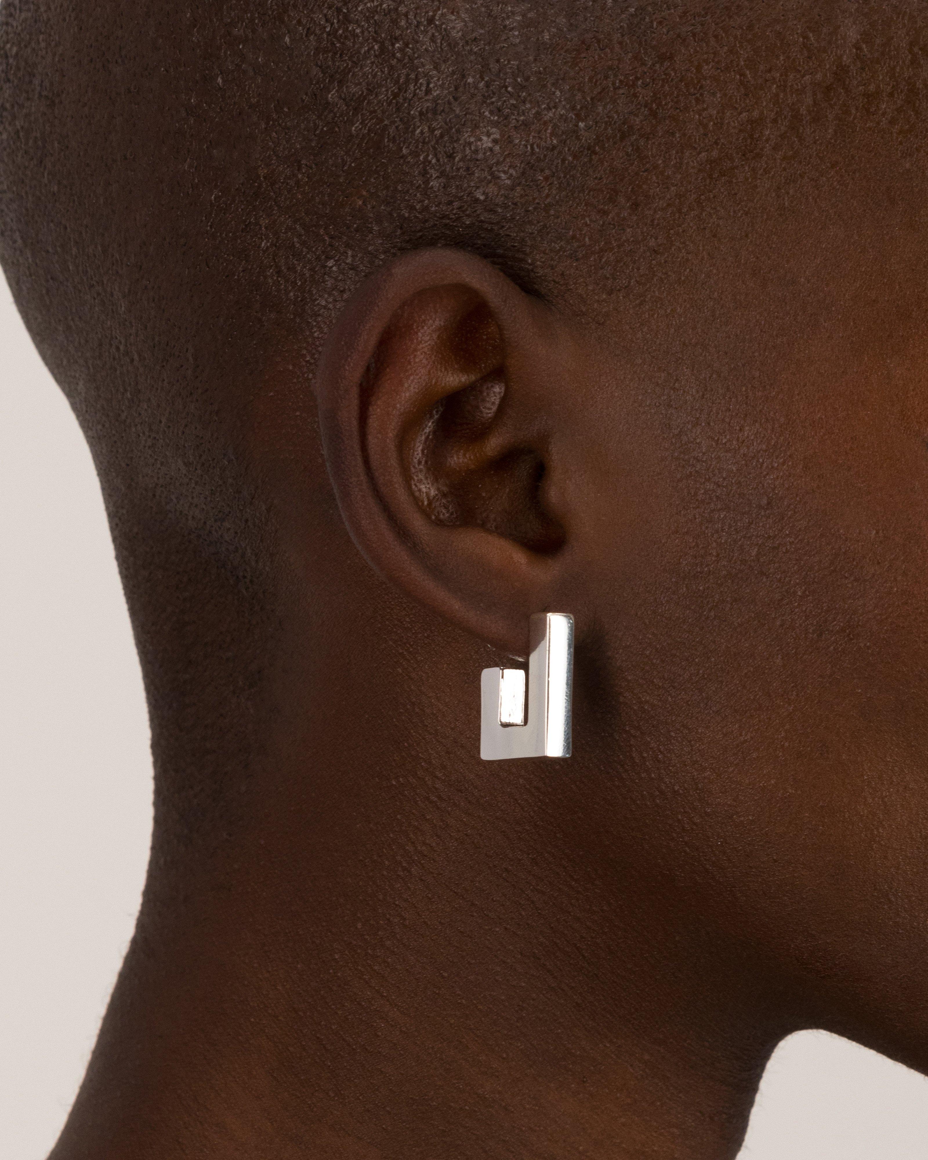 Mini Square J-Shape Hoop Earrings -  Silver
