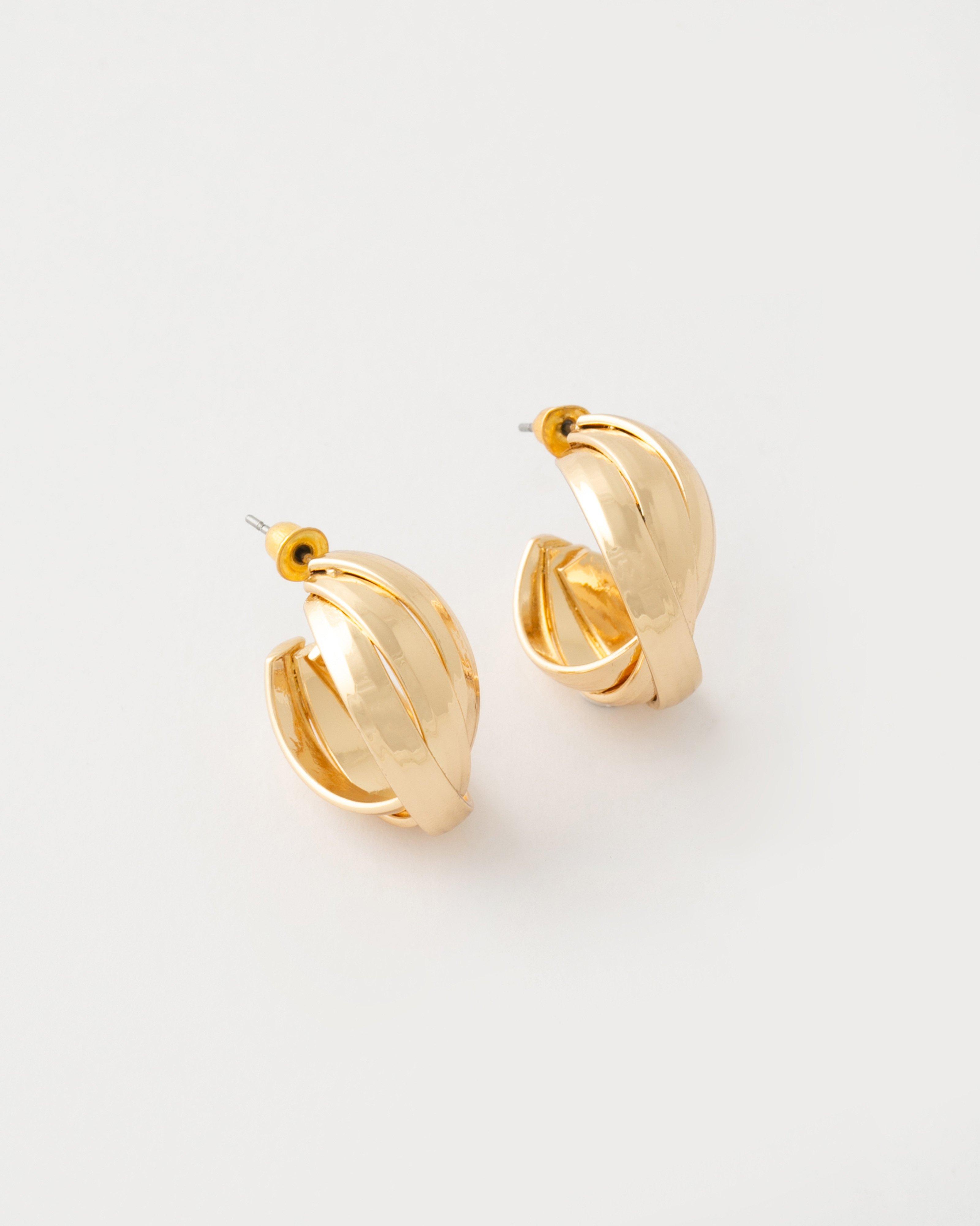 Three Strand Crossed Hoop Earrings -  Gold