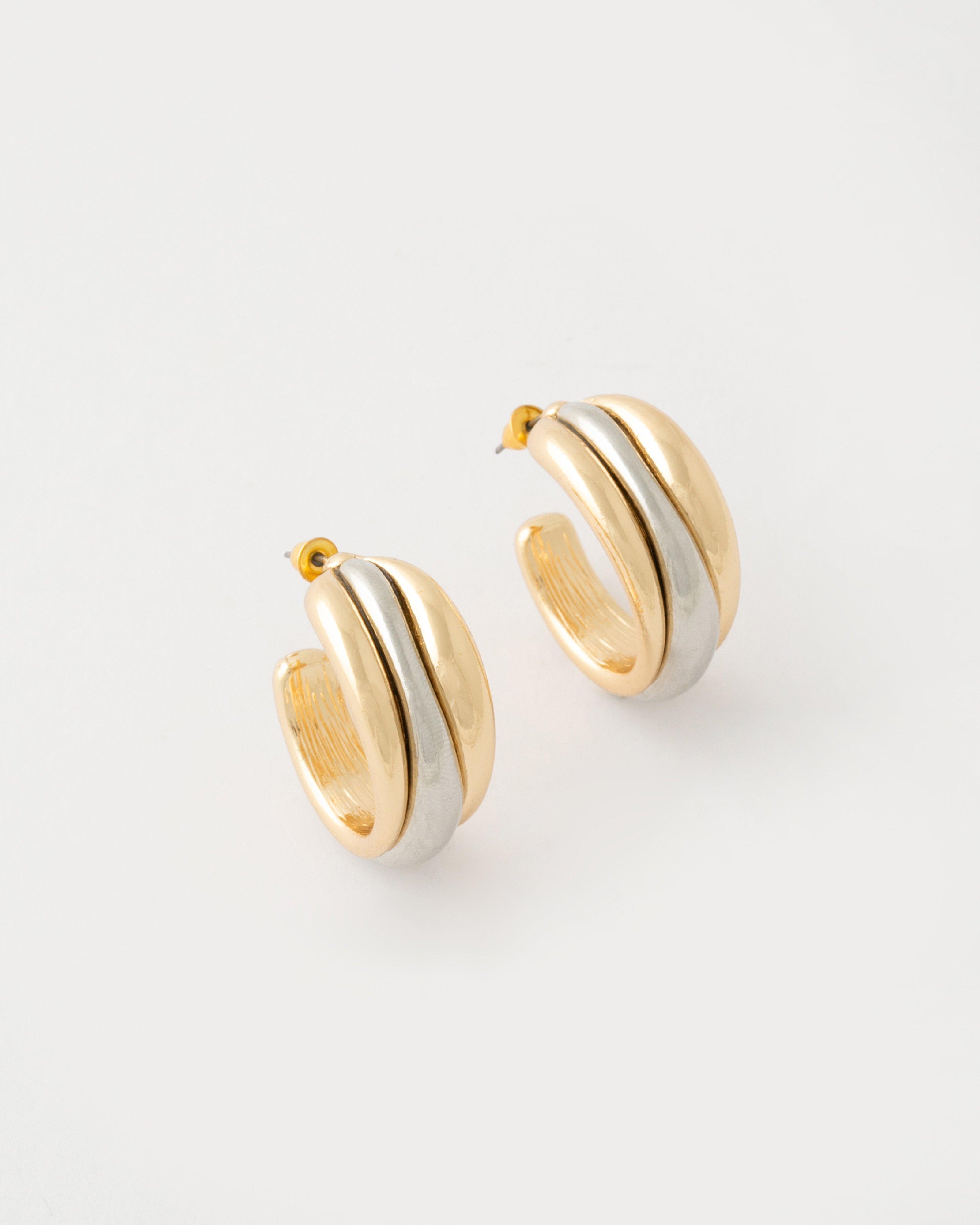 Three Strand Colourblock Hoop Earrings -  Gold
