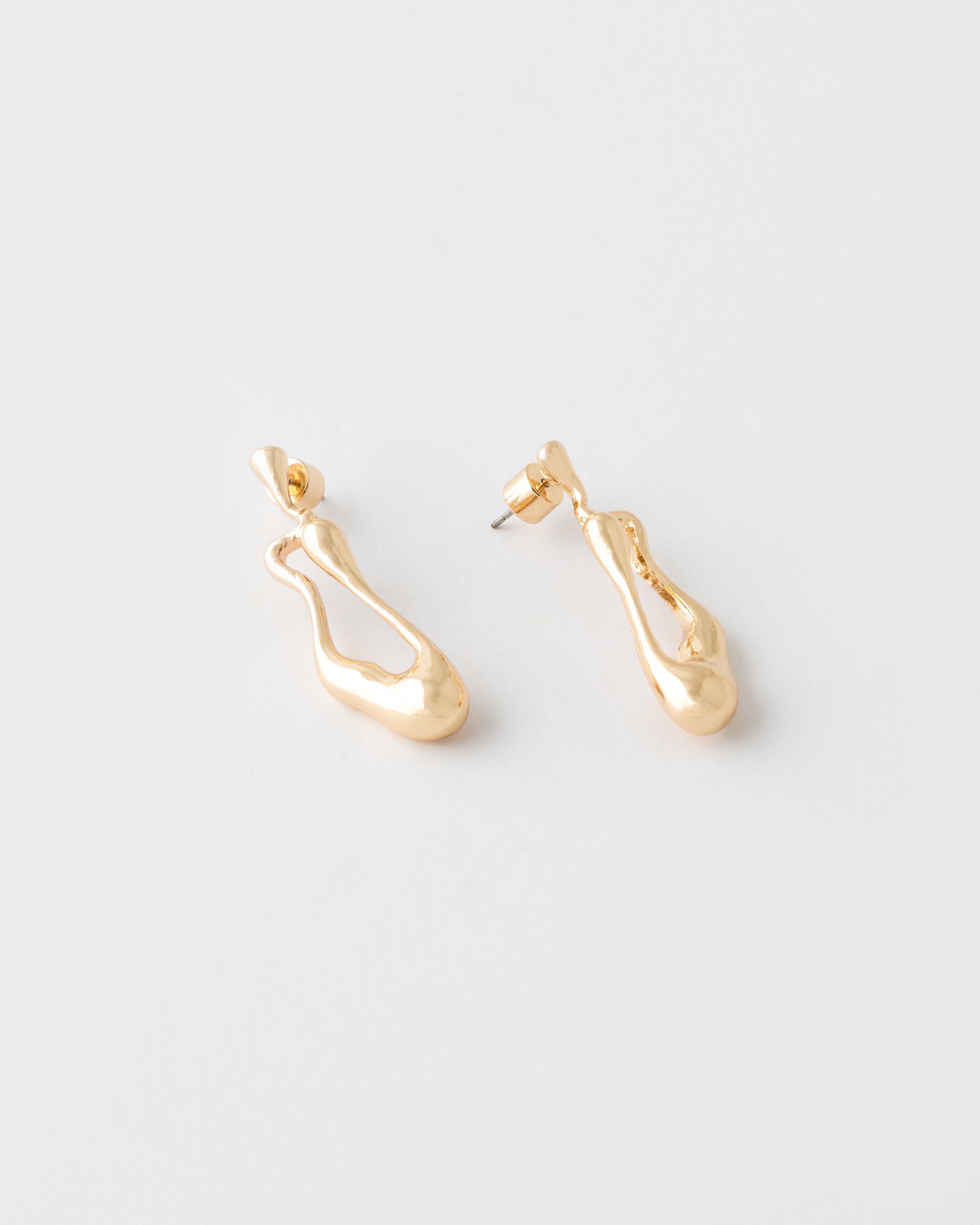 Shiny Oblong Curved Drop Earrings -  Gold