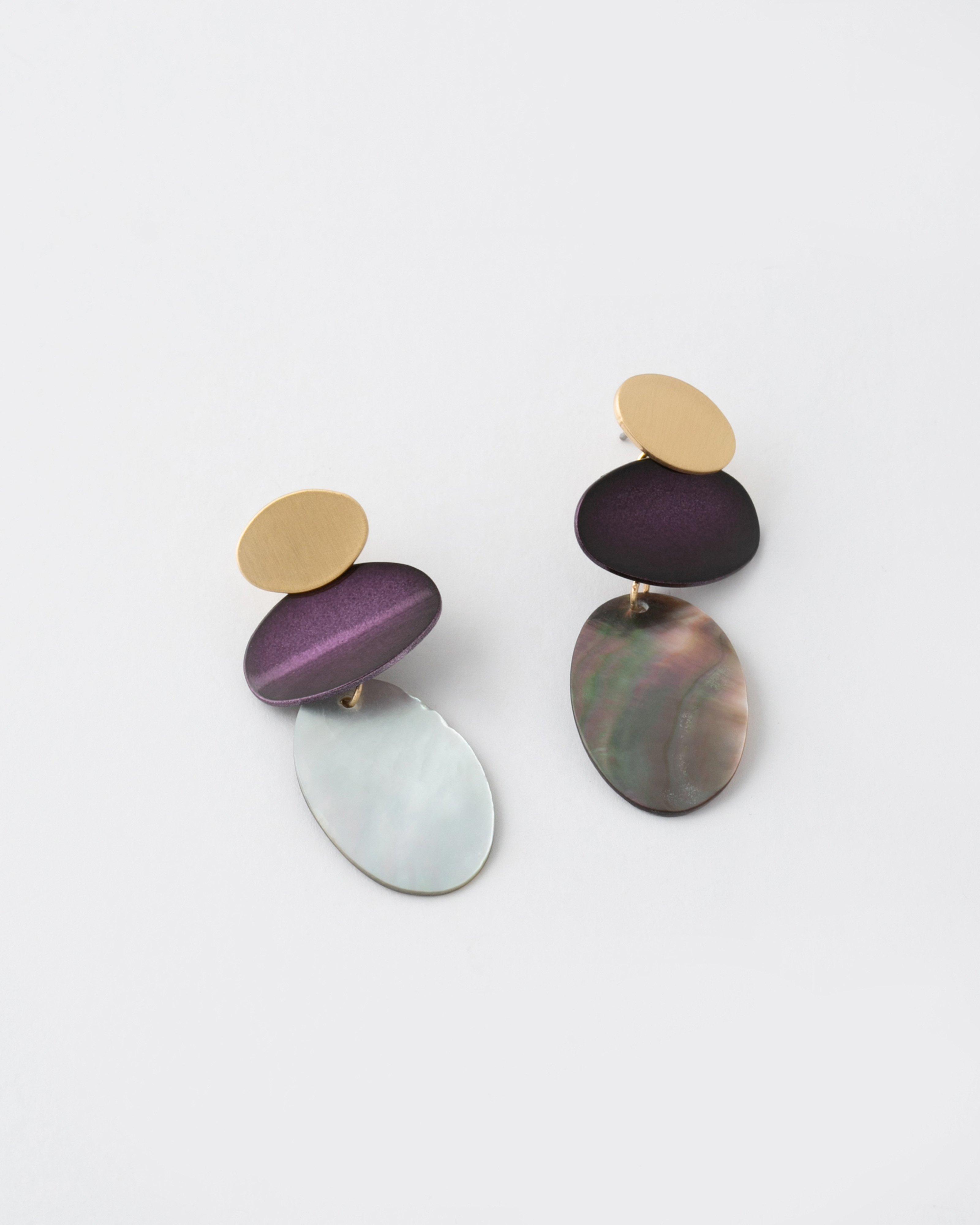 Oval Brushed Disk & Shell Drop Earrings -  Purple