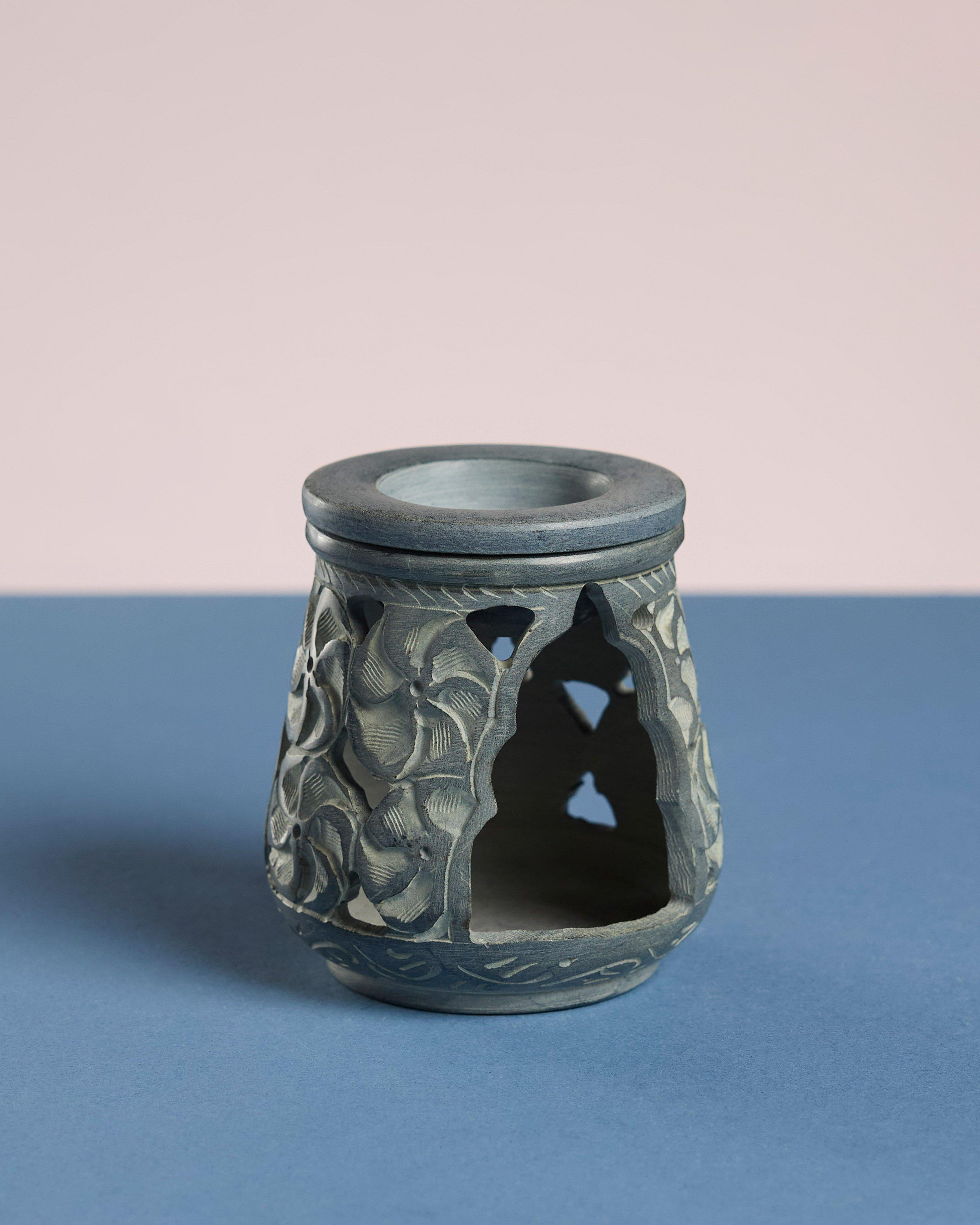 Floral Soapstone Oil Burner -  Grey