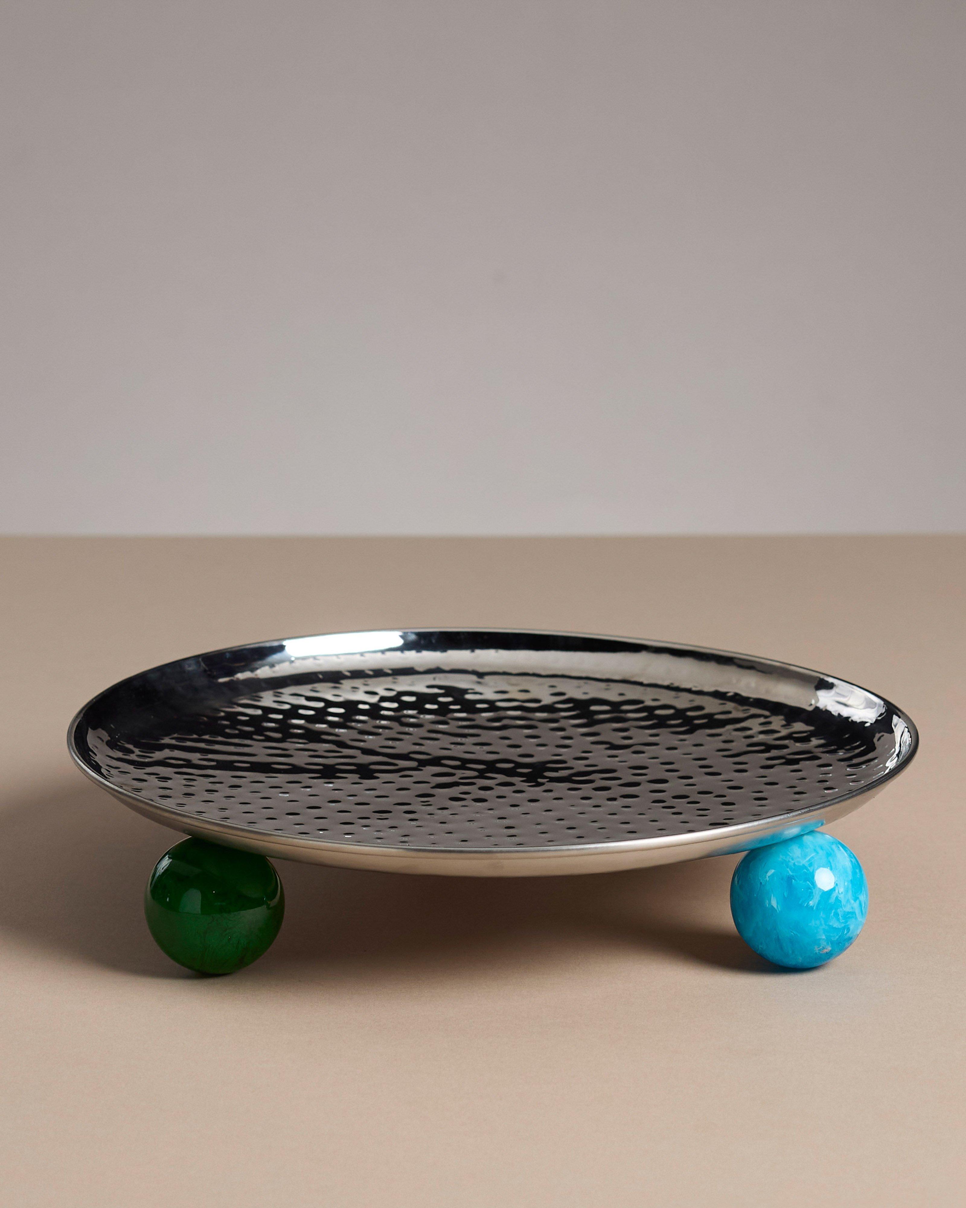 Hammered Round Metal & Resin Tray -  Silver