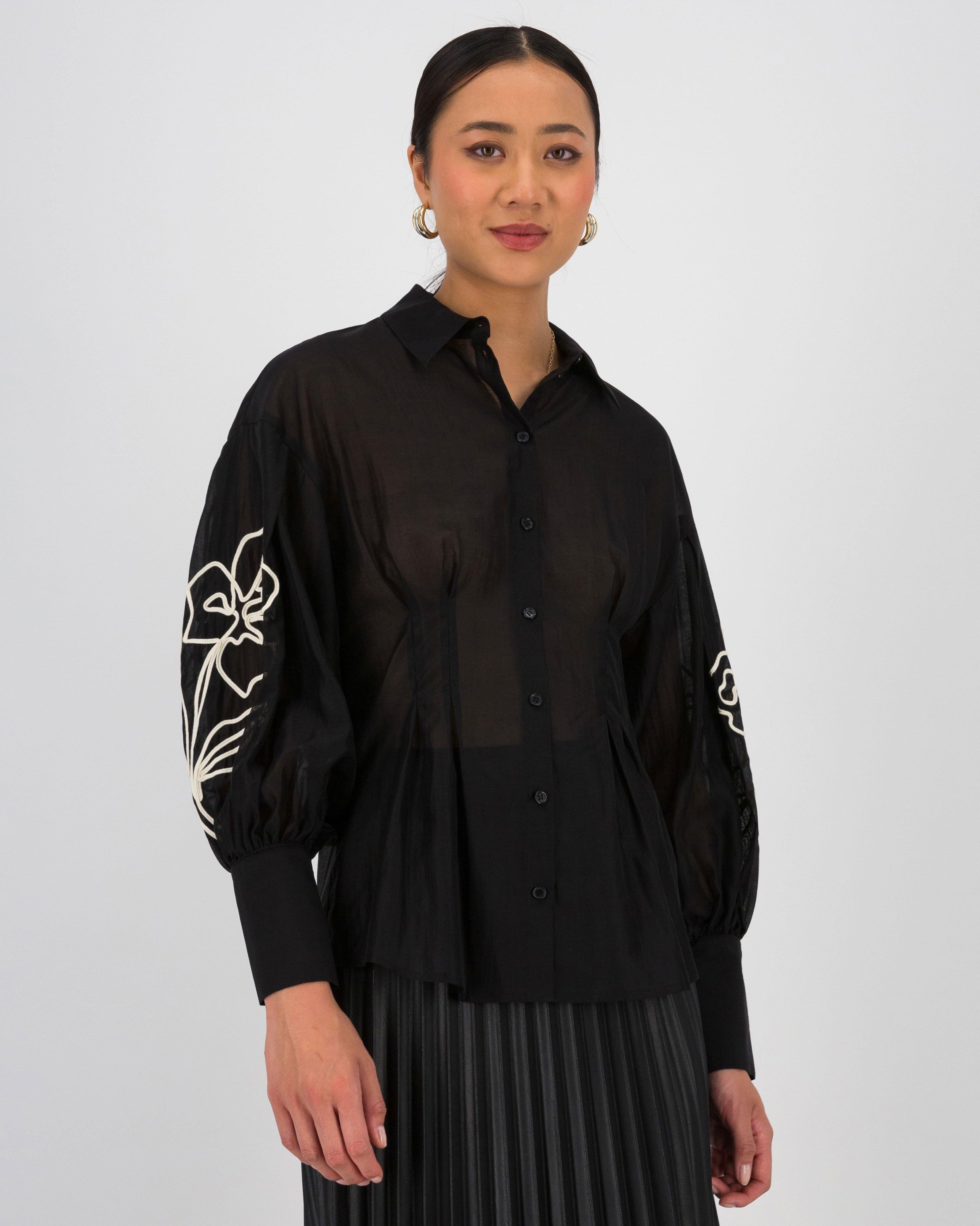 Leo Embroidered Blouse -  Black