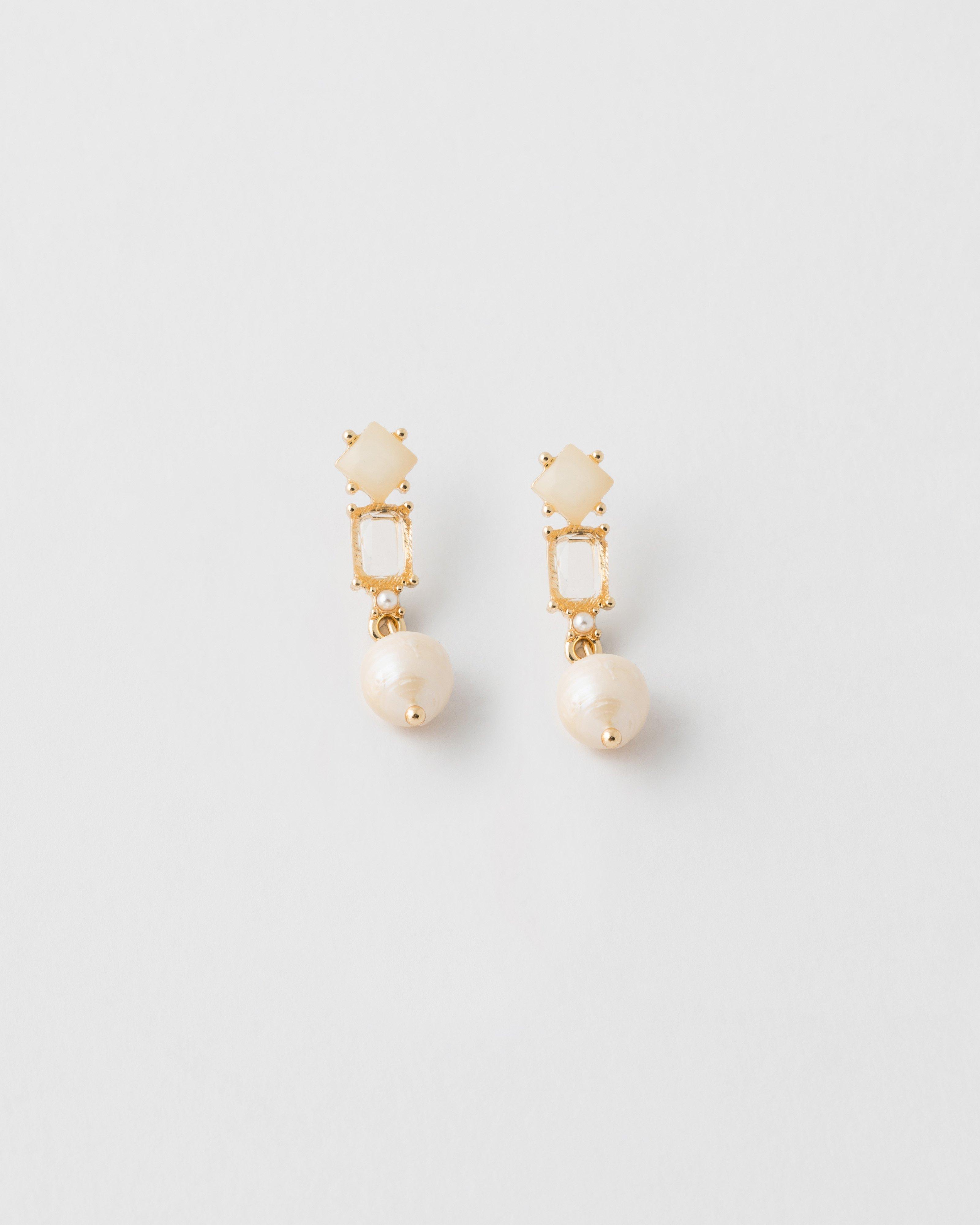 Resin & Freshwater Pearl Stone Drop Earrings -  Milk
