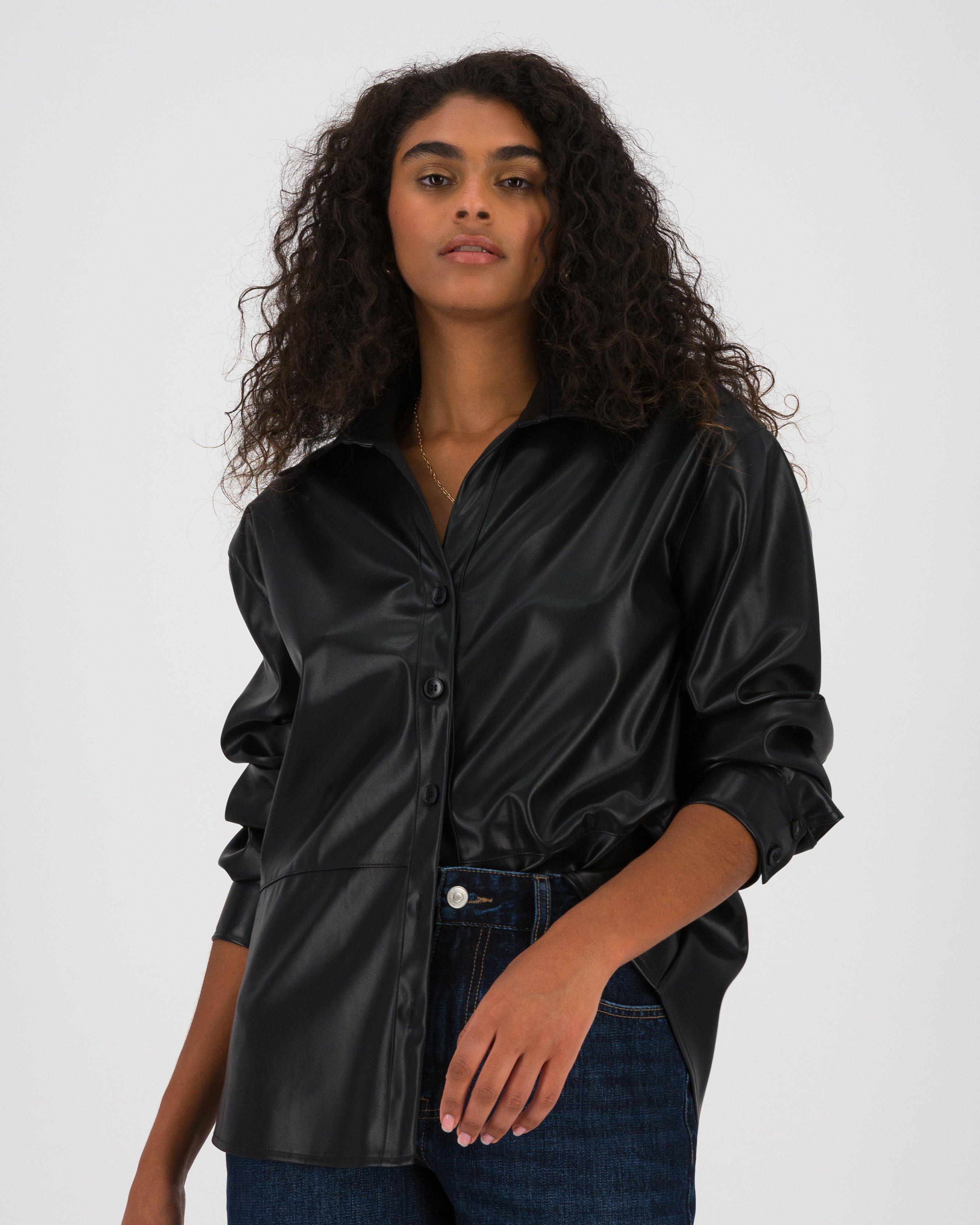 Shiloh Faux Leather Shirt -  Black