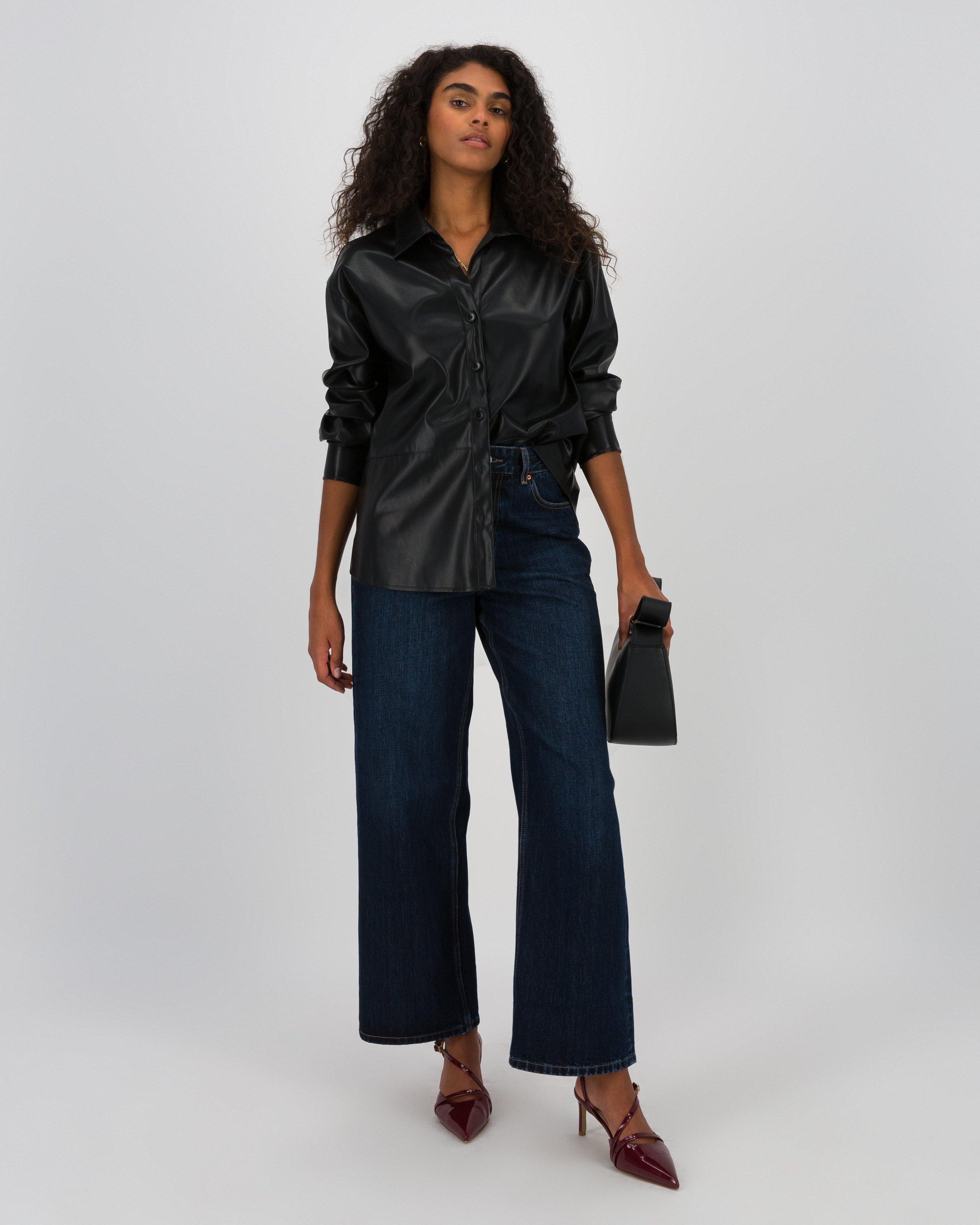 Shiloh Faux Leather Shirt -  Black