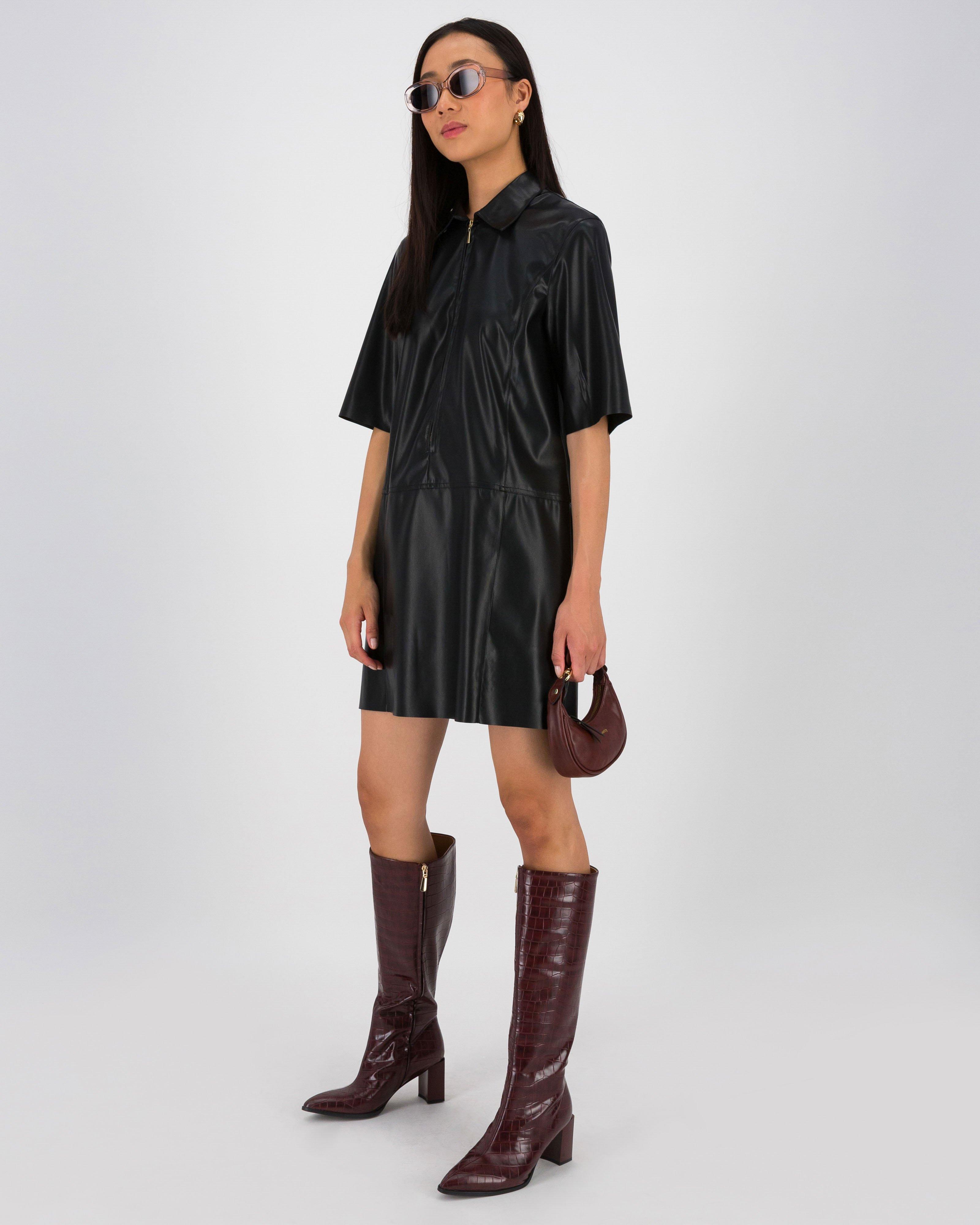 Jolie Faux Leather Mini Dress -  Black