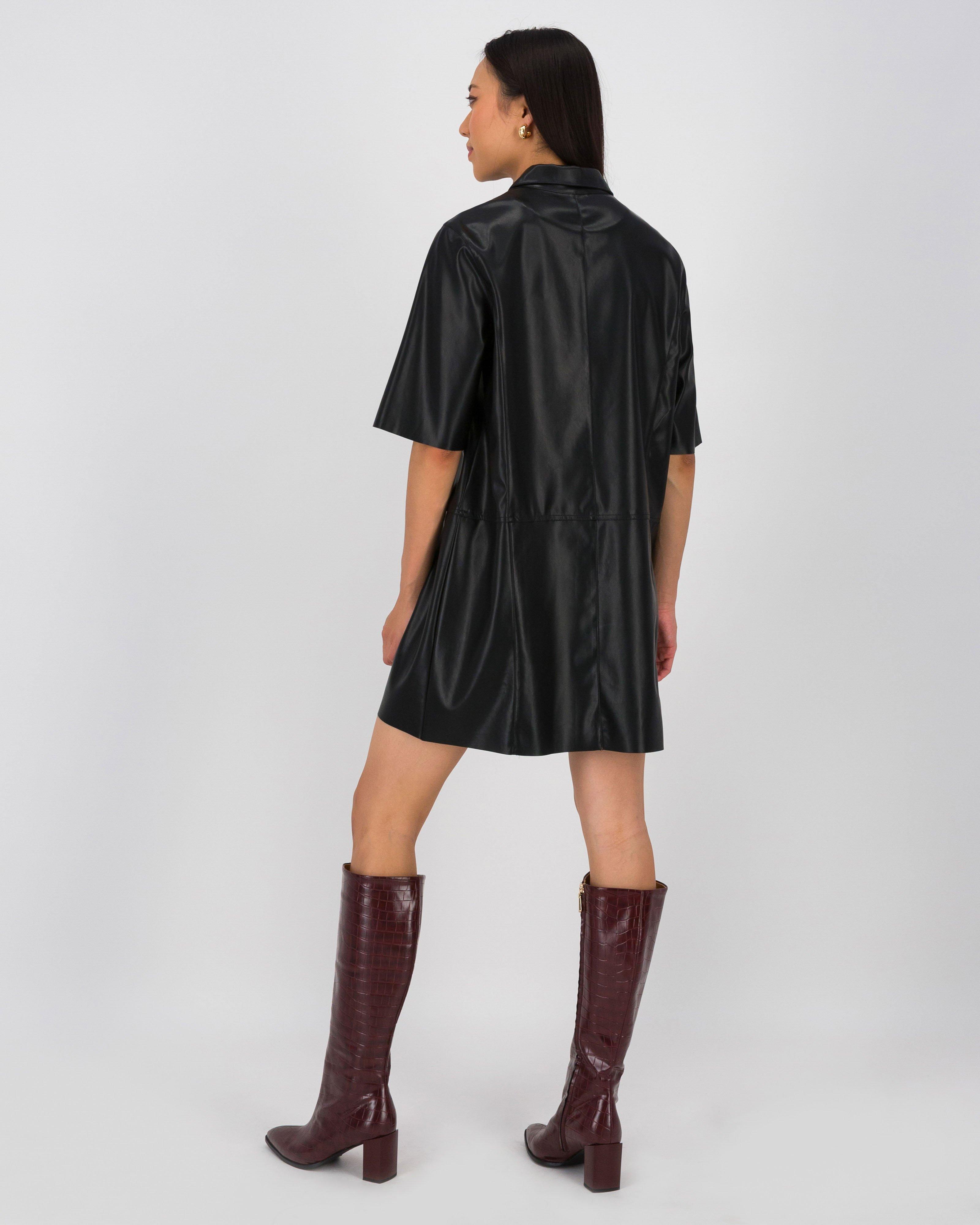 Jolie Faux Leather Mini Dress -  Black