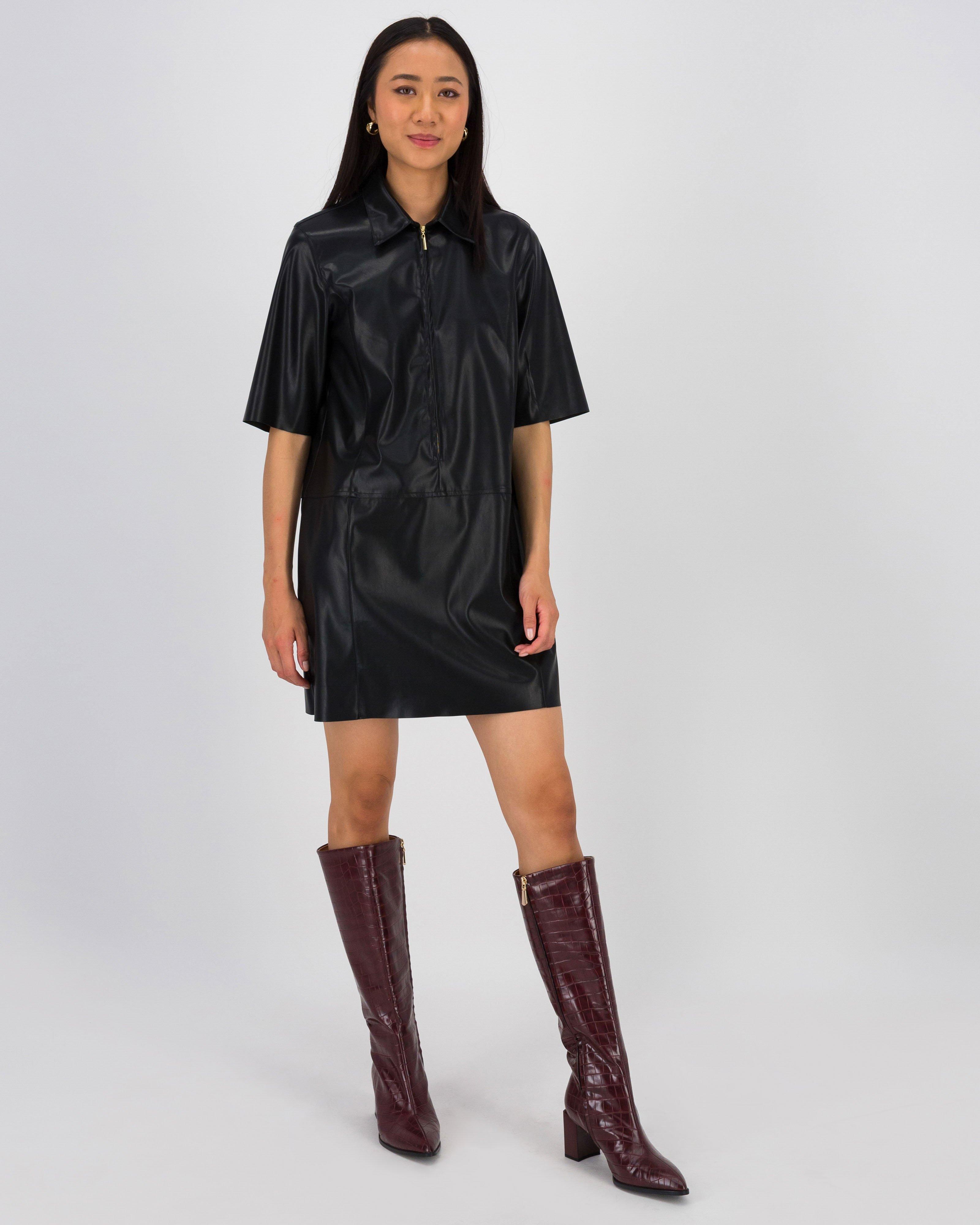 Jolie Faux Leather Mini Dress -  Black