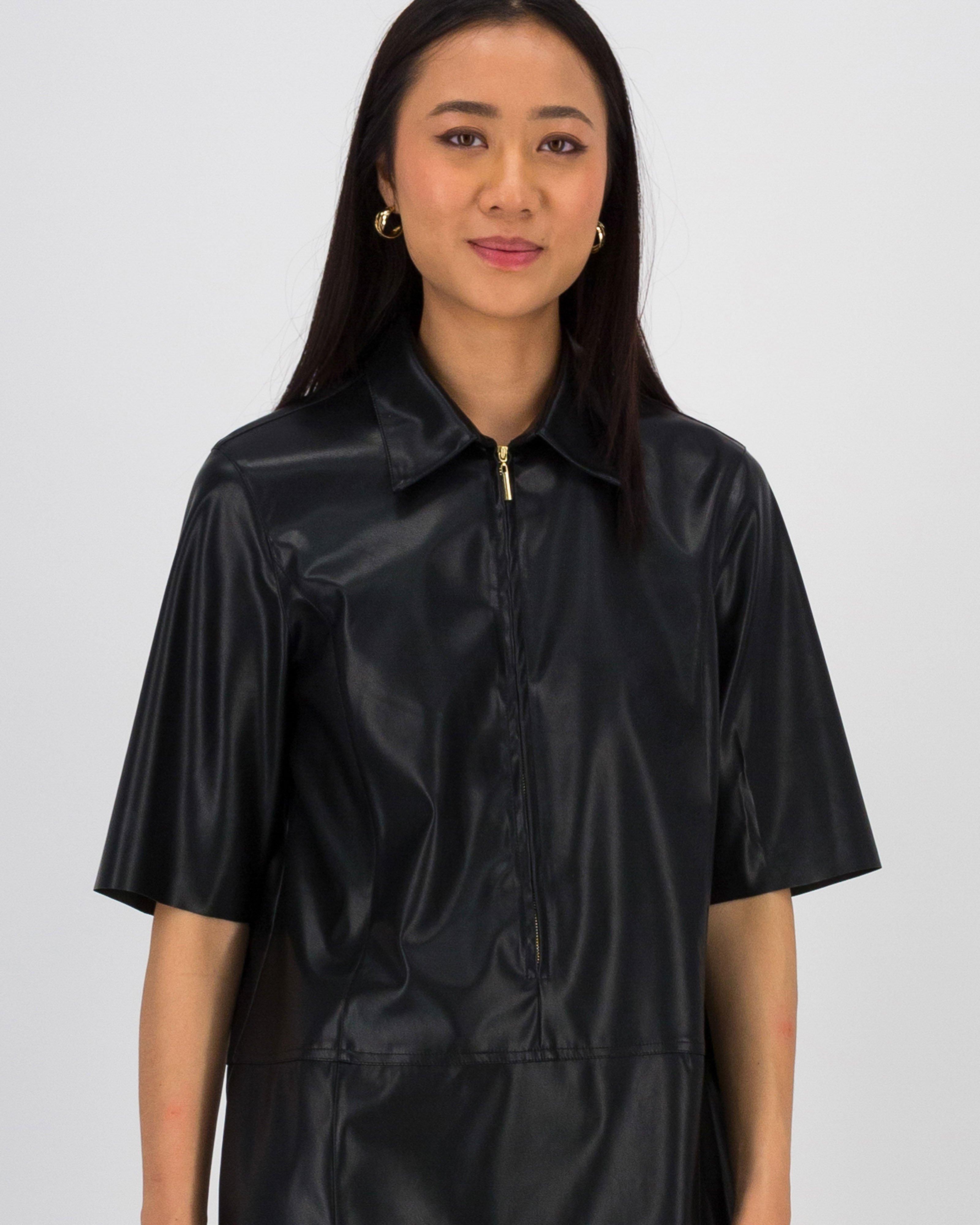 Jolie Faux Leather Mini Dress -  Black