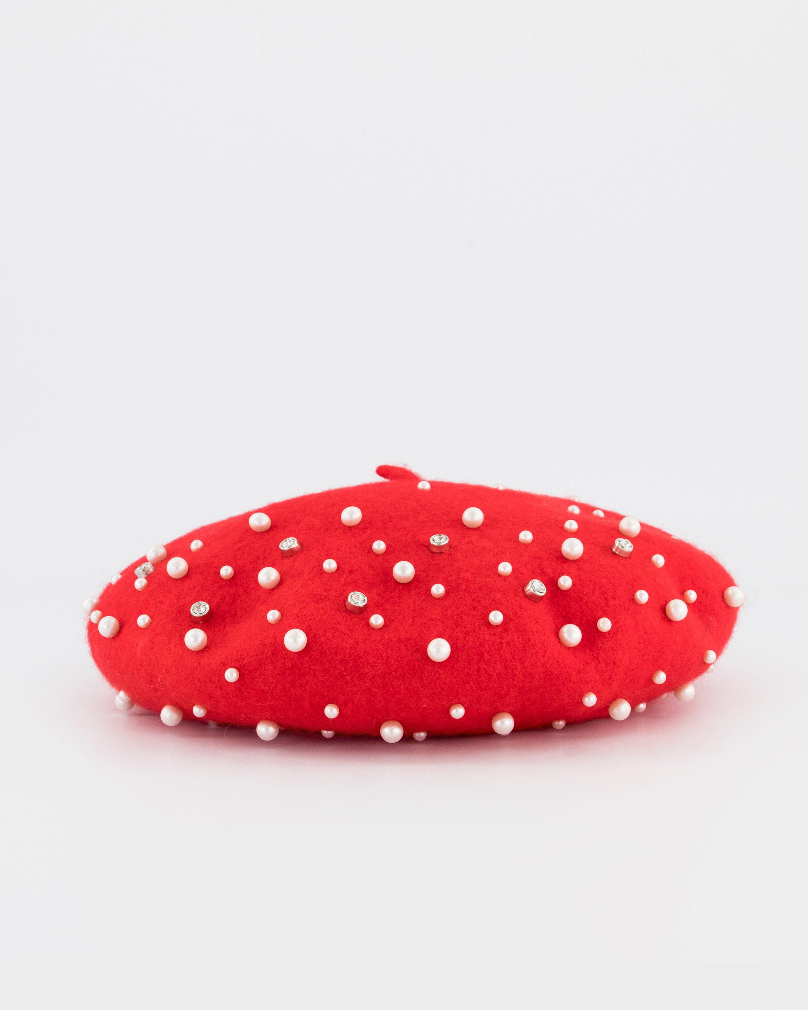 Lucy Pearl Embellished Beret -  Red