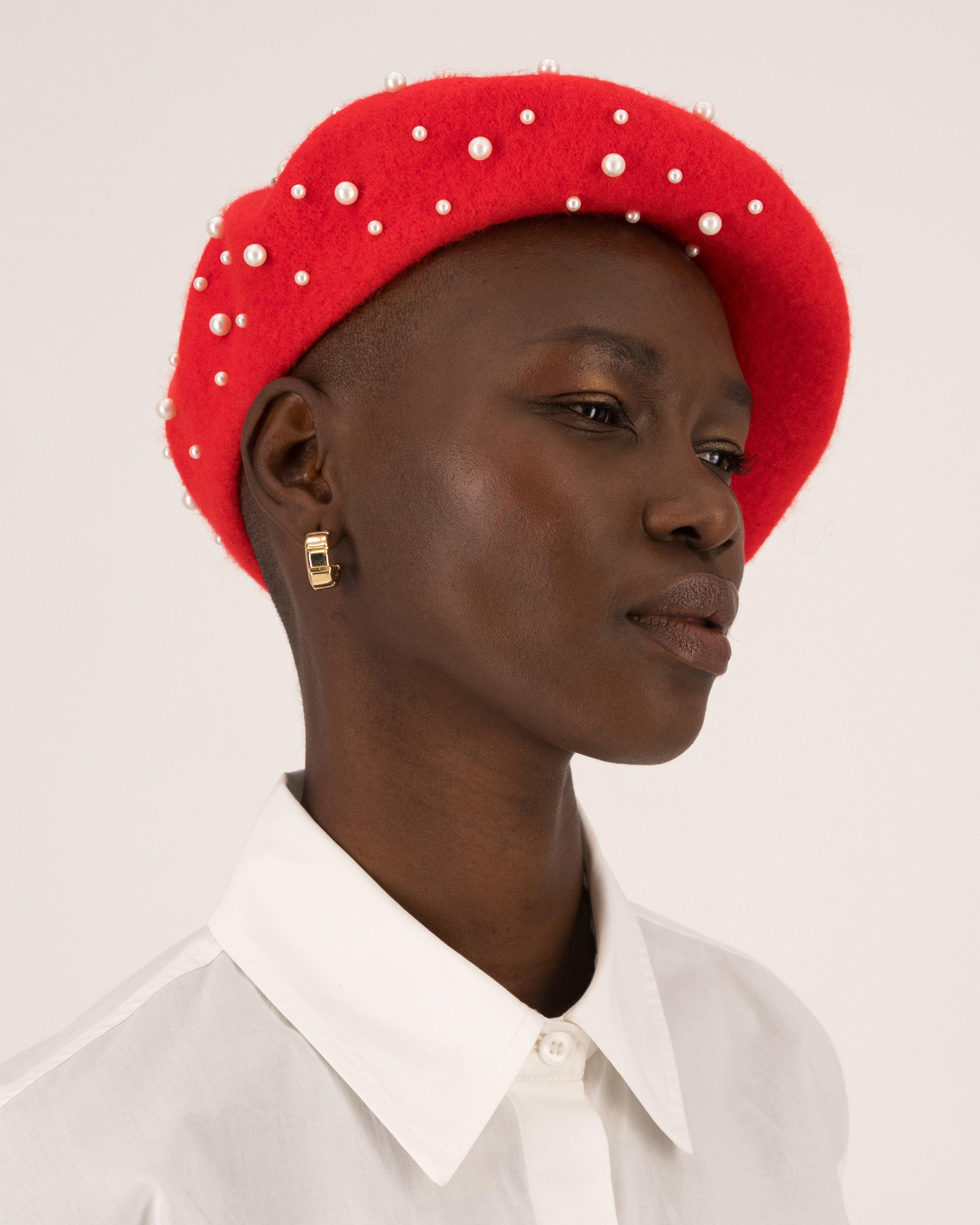 Lucy Pearl Embellished Beret -  Red