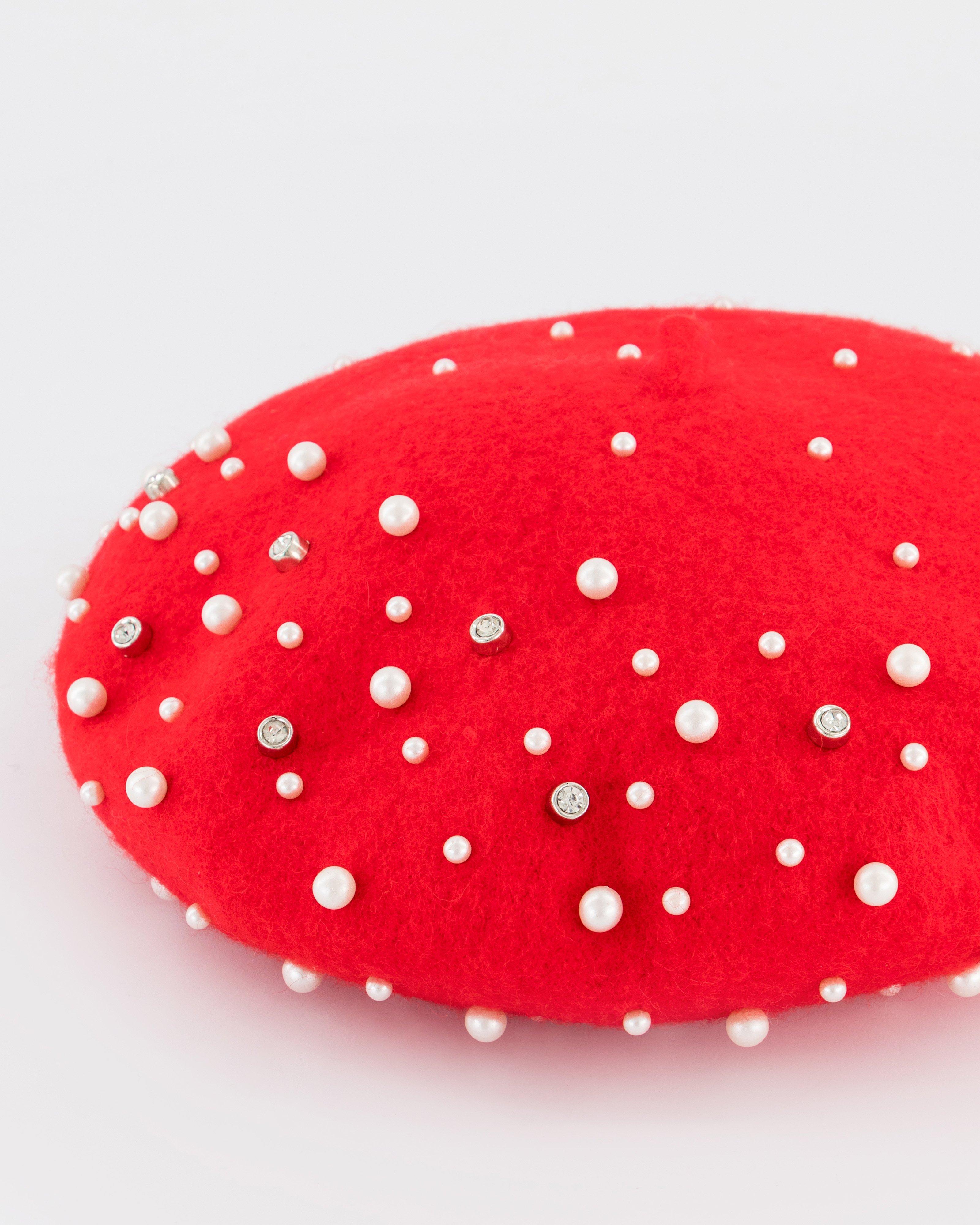 Lucy Pearl Embellished Beret -  Red