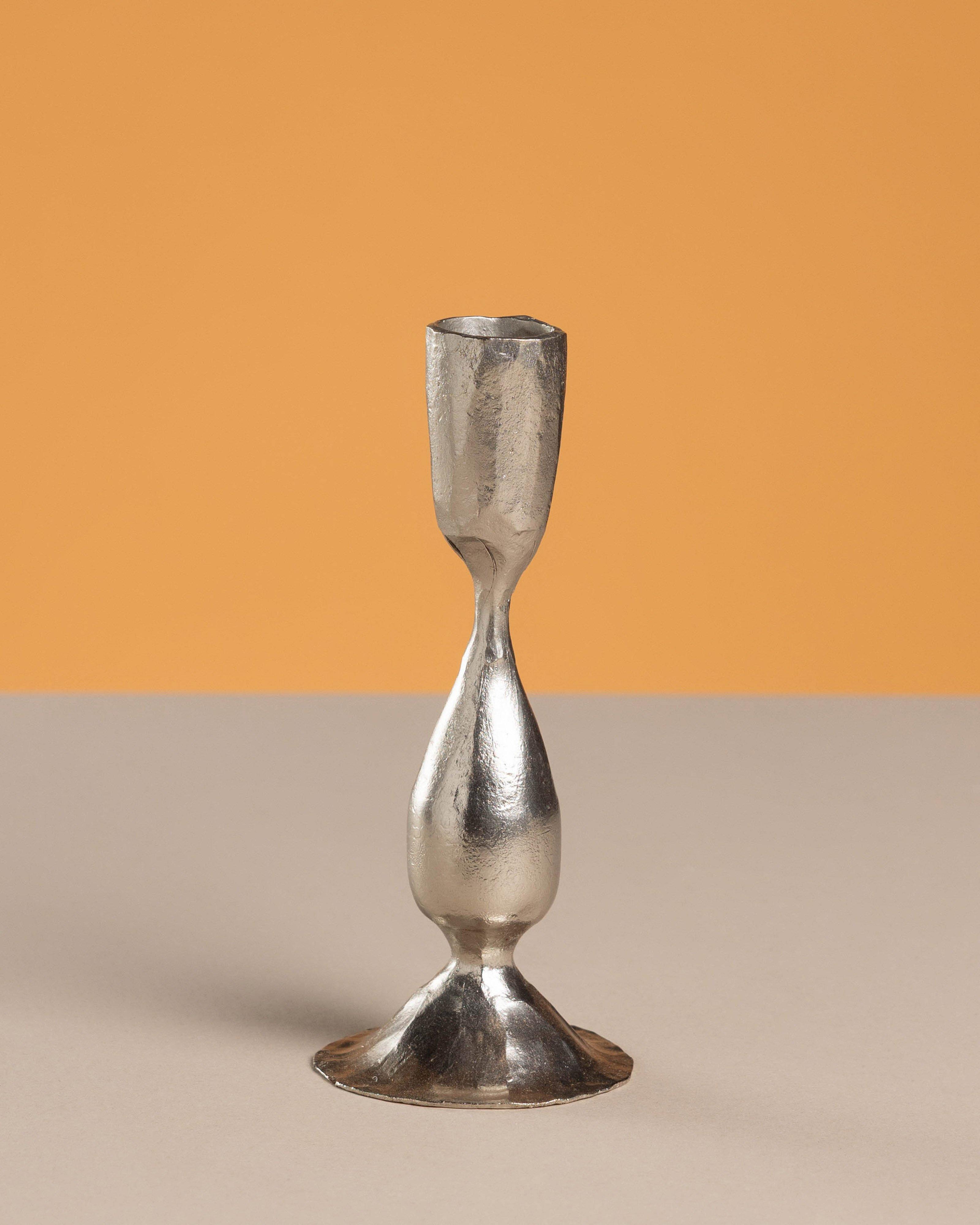 Hand Forged Tall Iron Candle Stick -  Silver