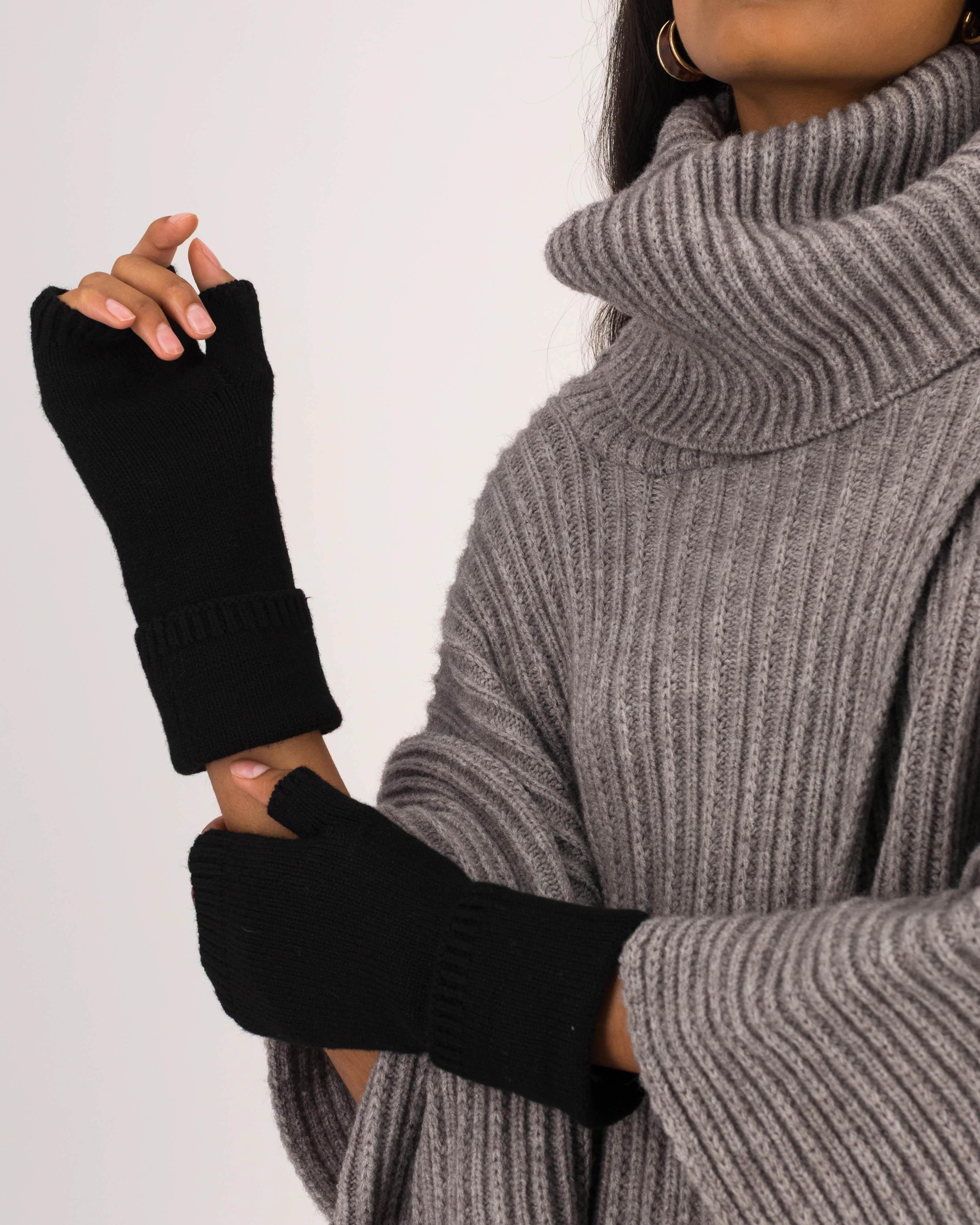 Mei Fingerless Roll-Knit Gloves -  Black