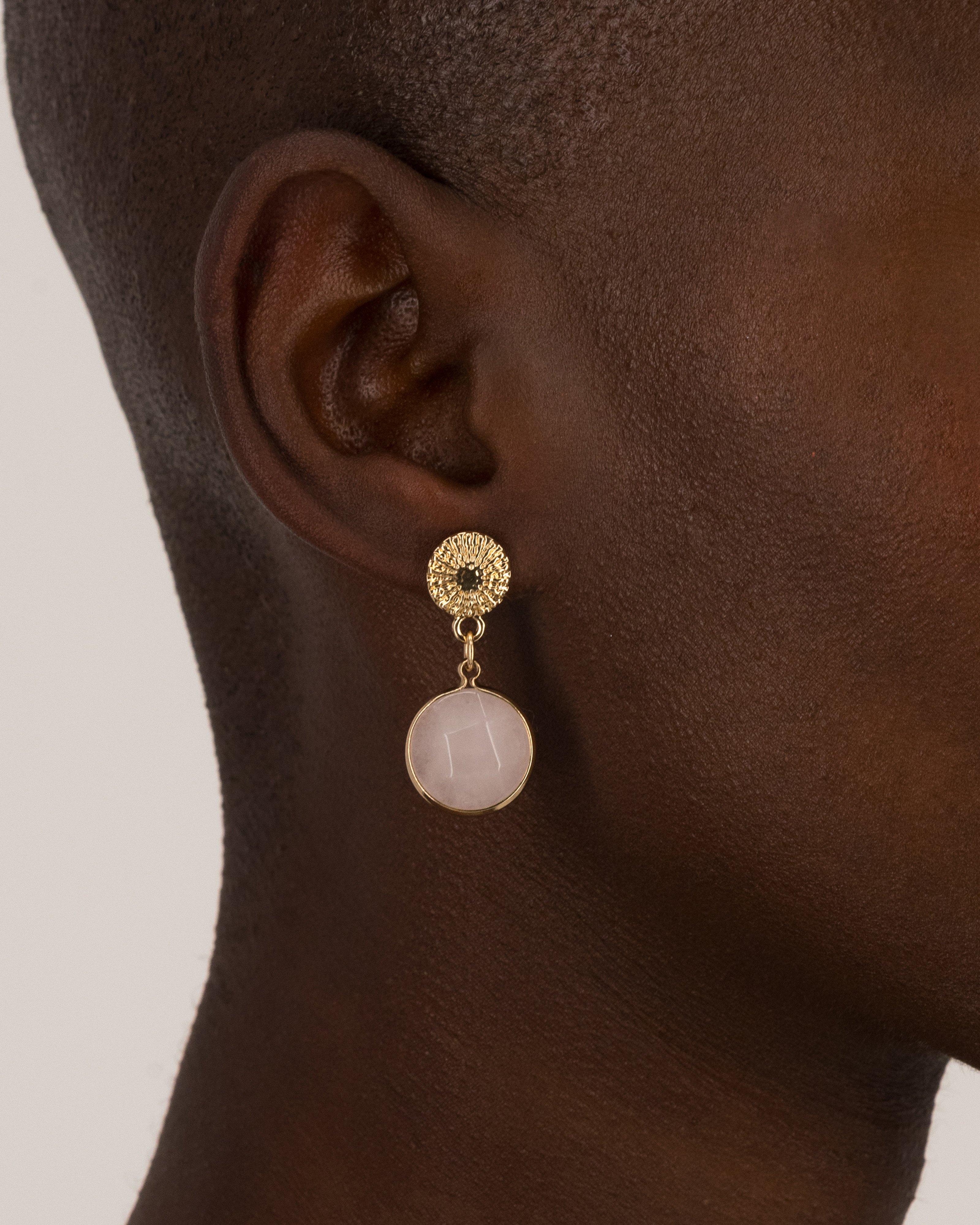 Shell Embossed & Natural Stone Drop Earrings -  Pink