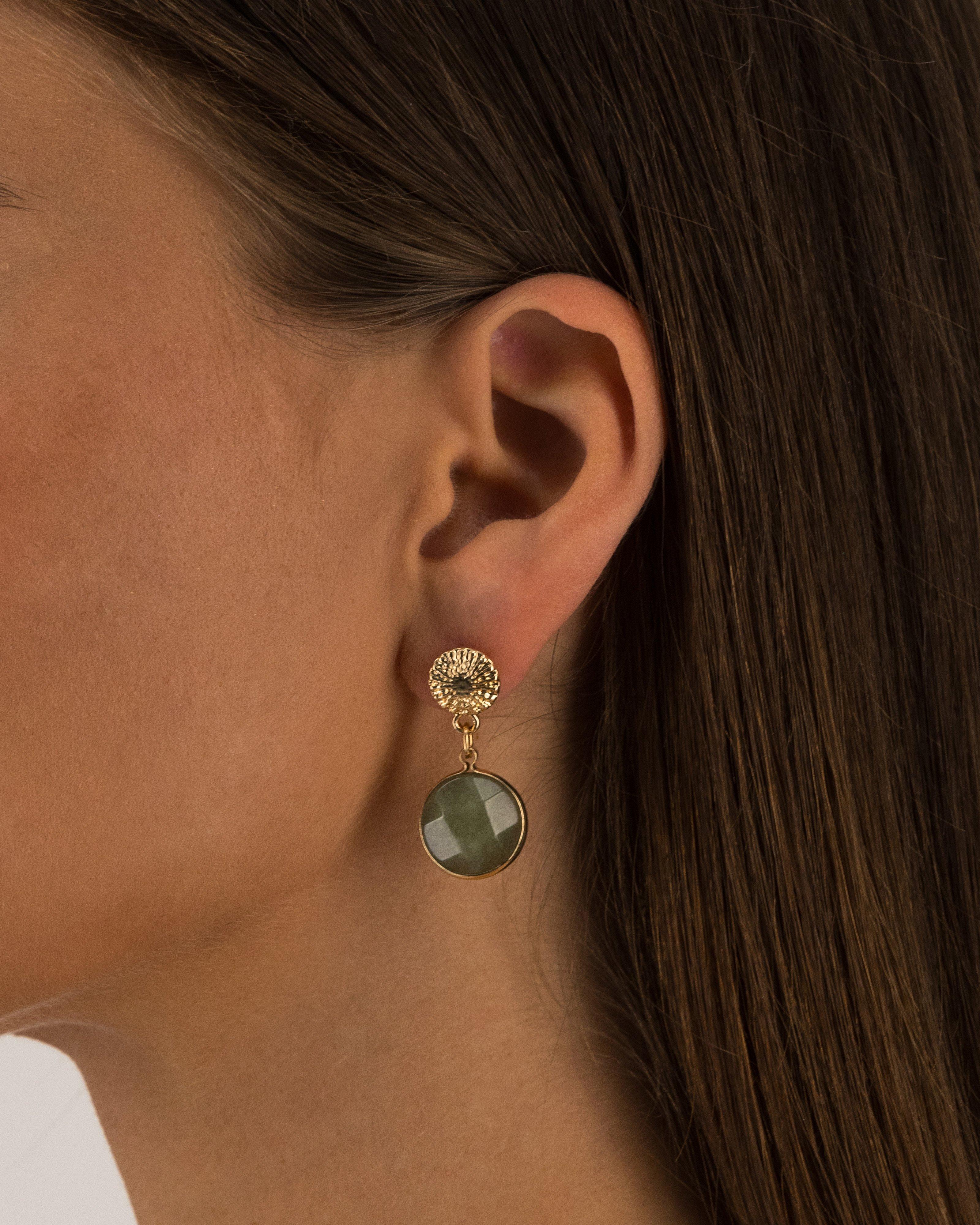Shell Embossed & Natural Stone Drop Earrings -  Green