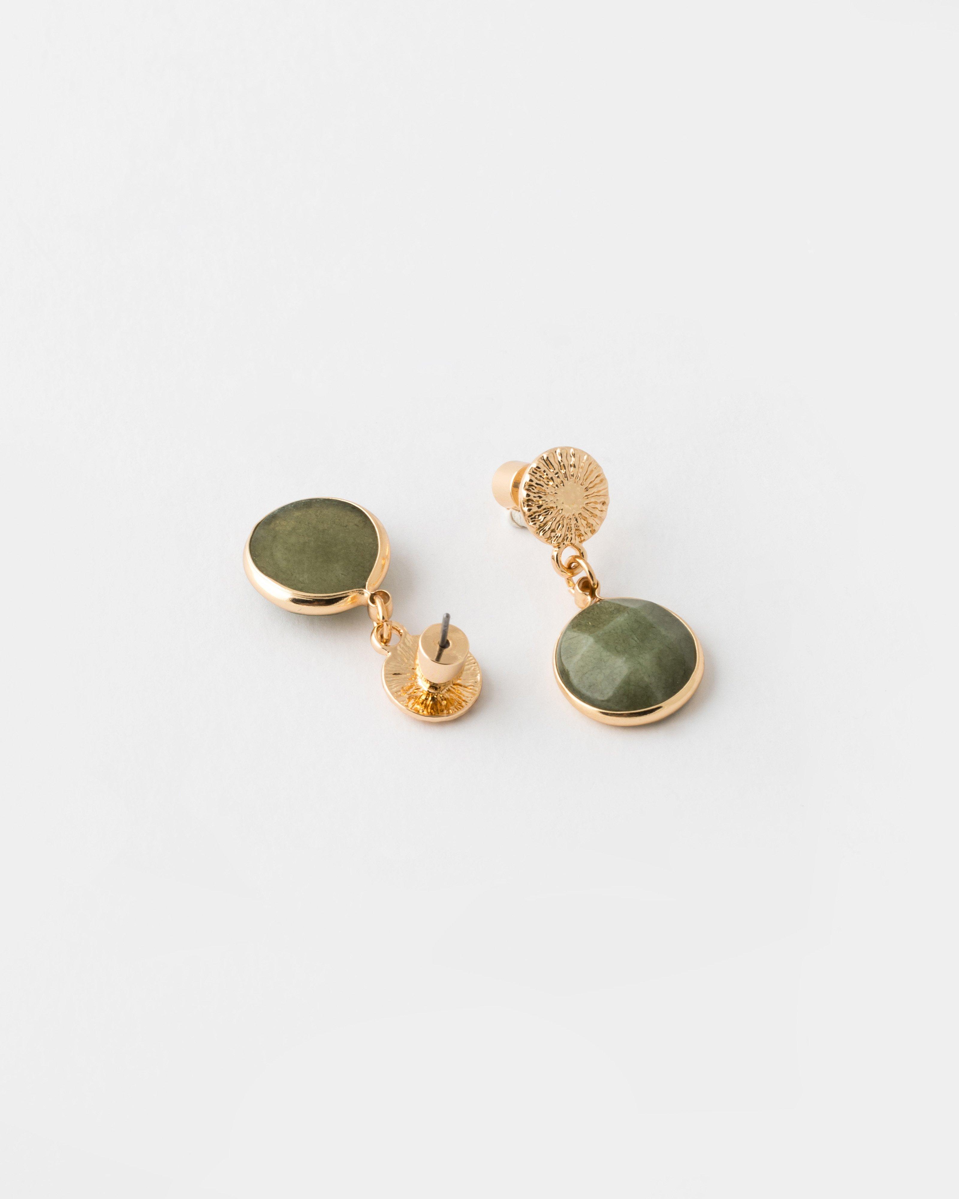 Shell Embossed & Natural Stone Drop Earrings -  Green
