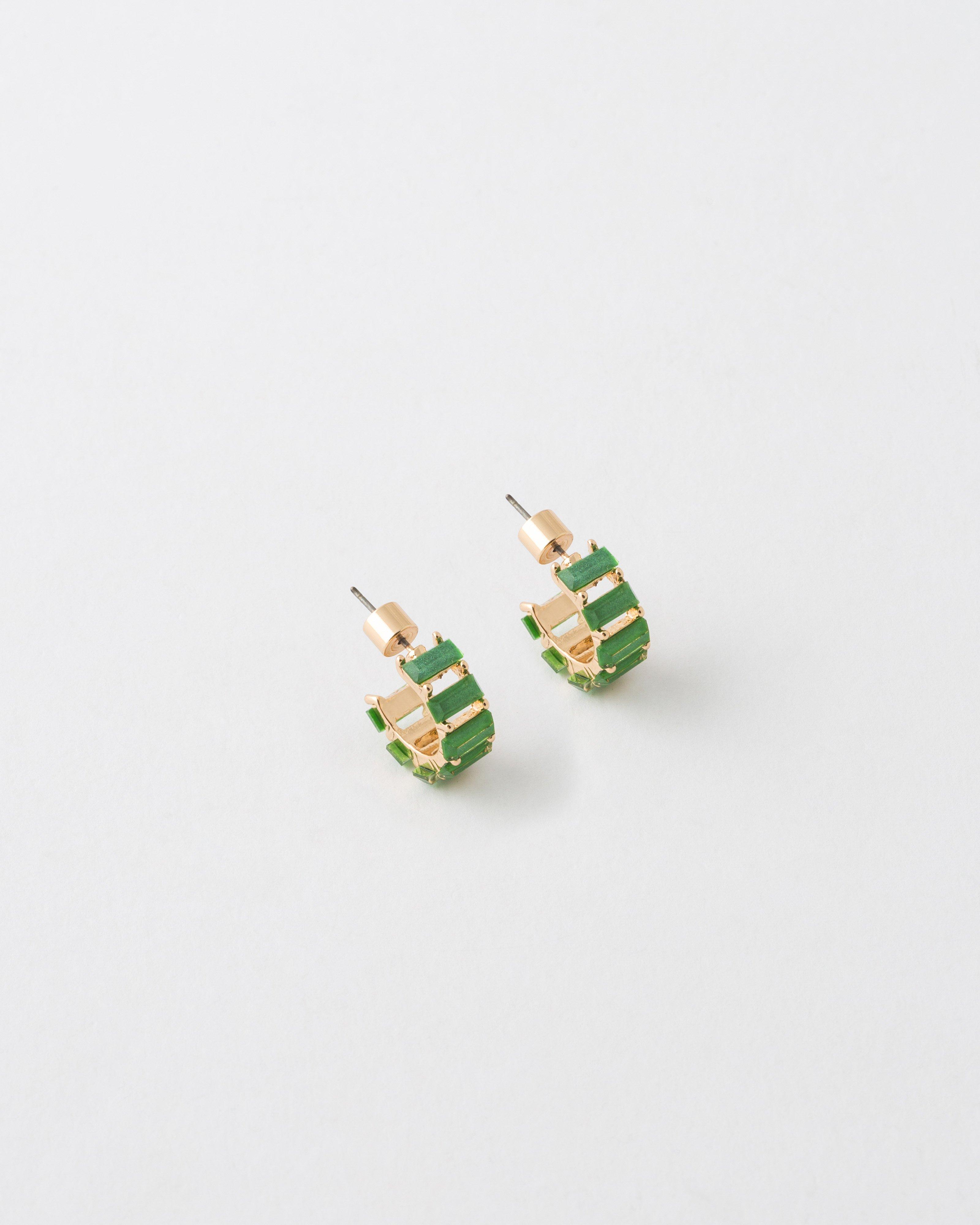 Rectangular Stone Huggie Hoop Earrings -  Green