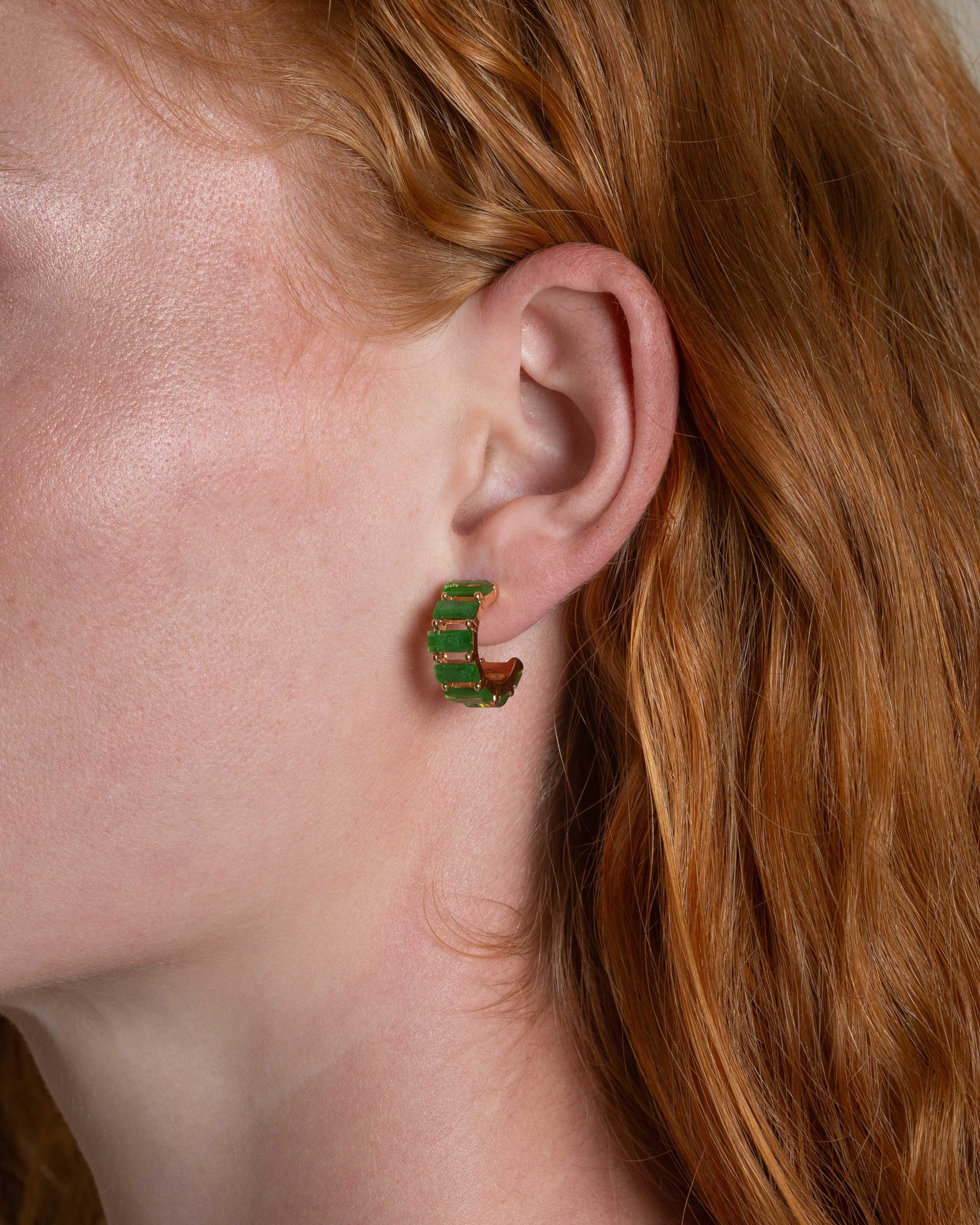 Rectangular Stone Huggie Hoop Earrings -  Green