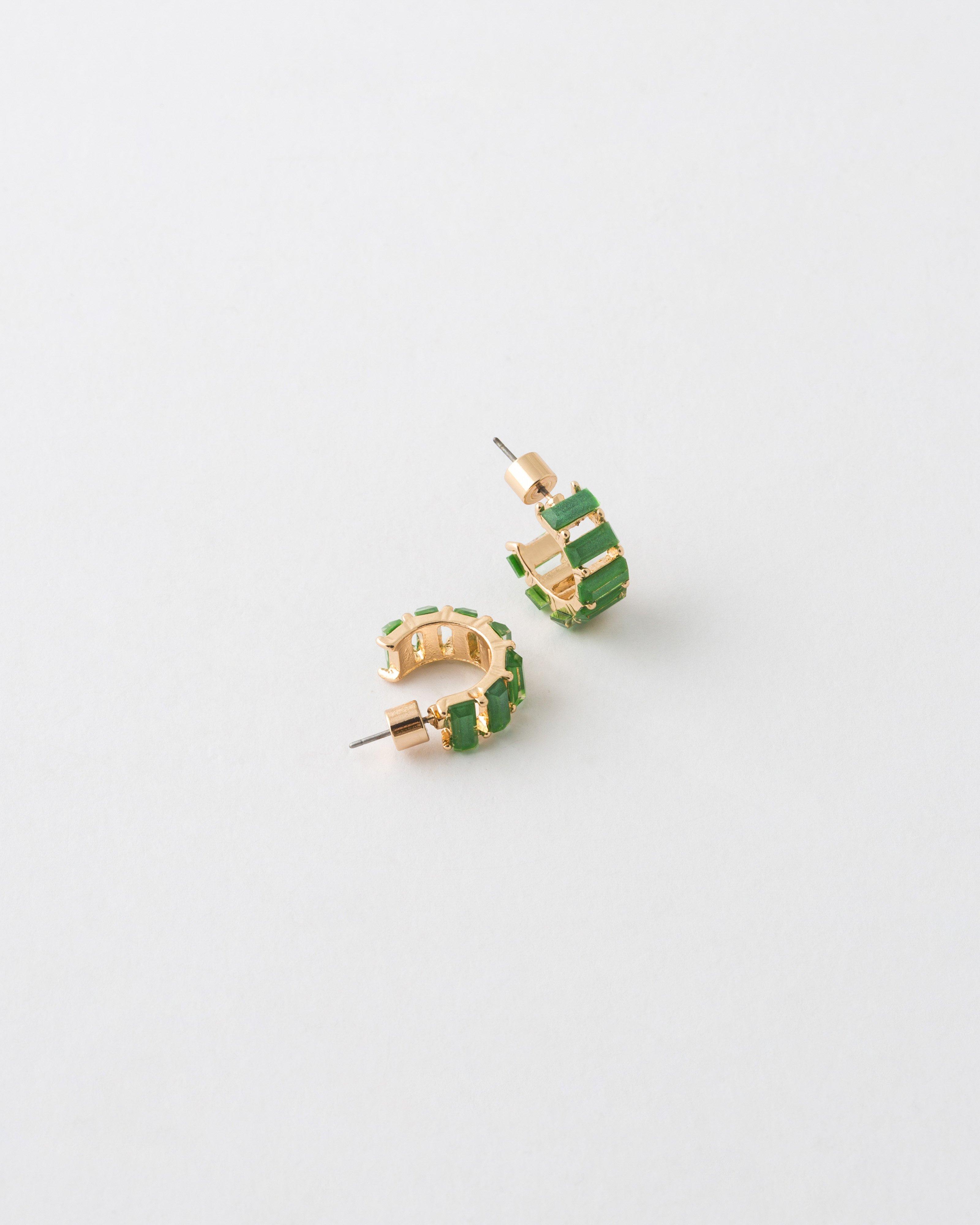 Rectangular Stone Huggie Hoop Earrings -  Green