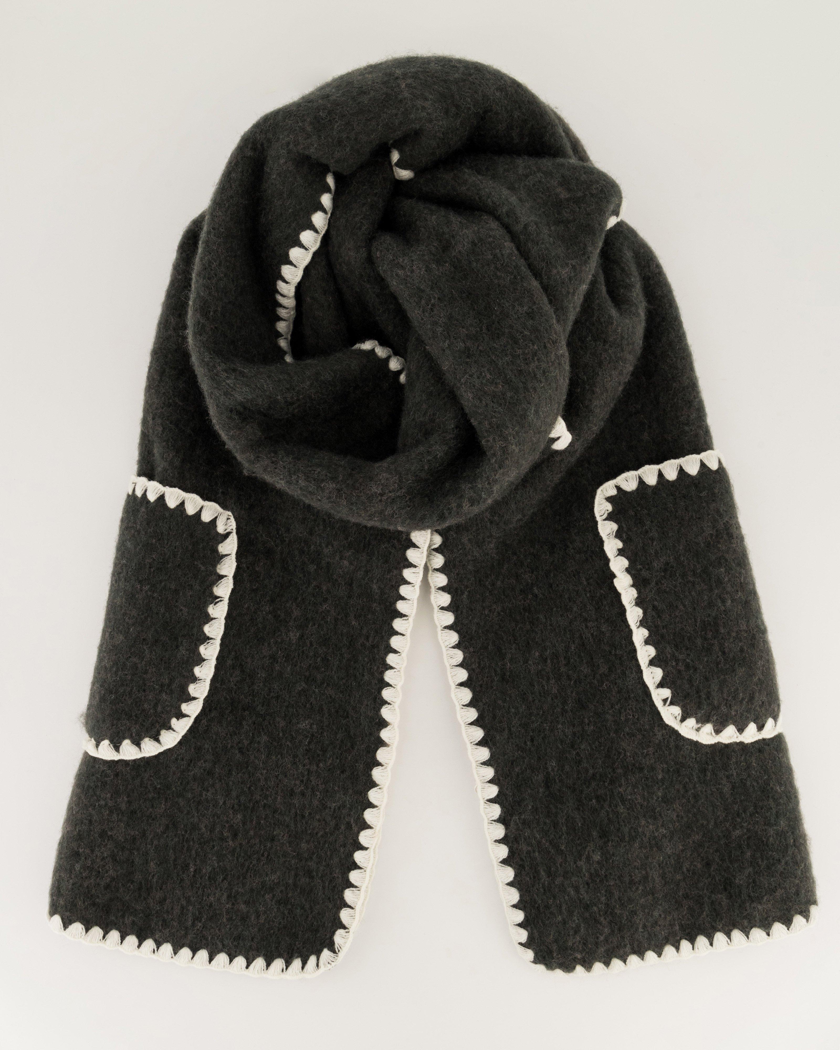Enid Whipstitch Trim Wool Blend Scarf -  Black