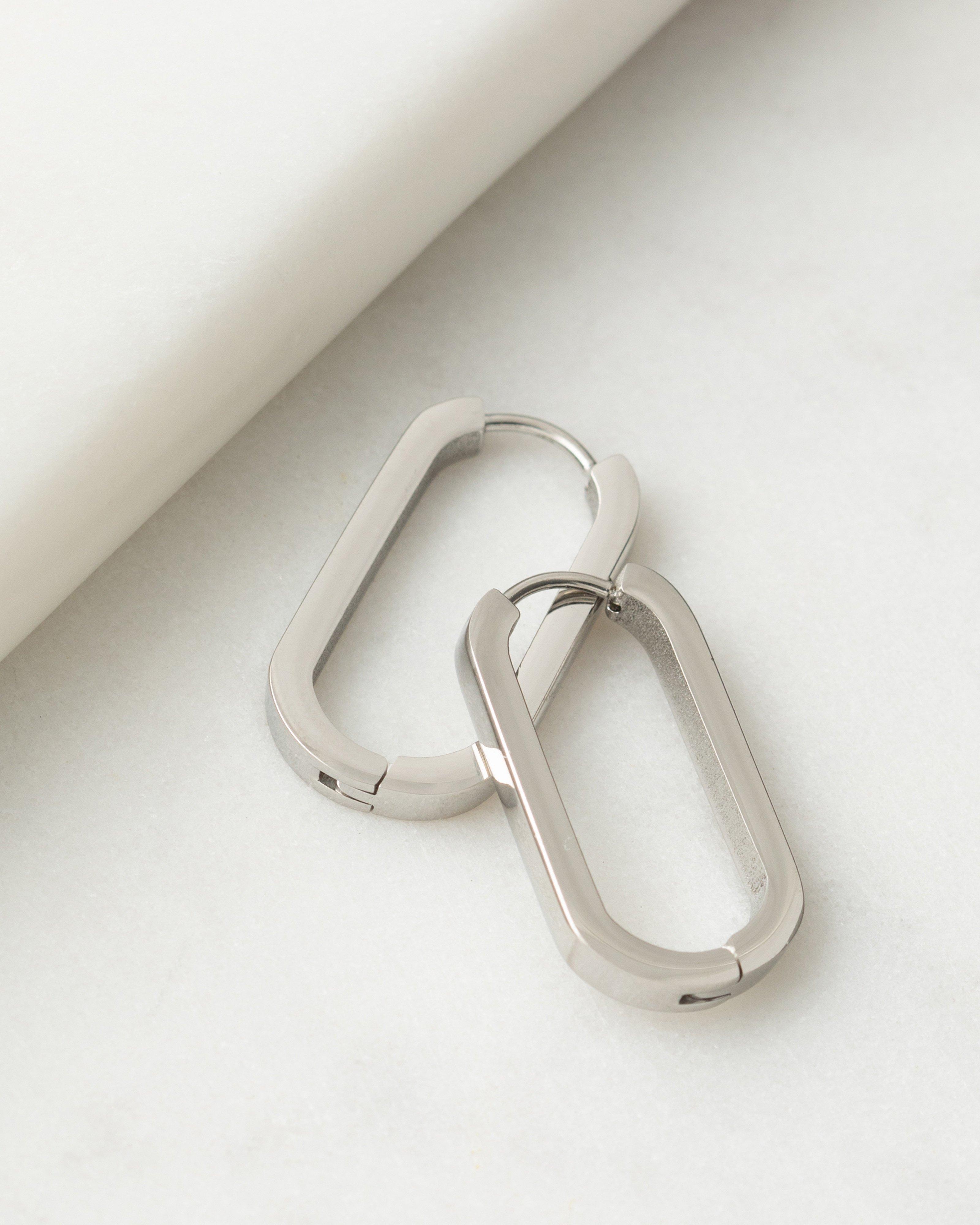 Women's Stainless Steel Oval Hoop Earrings -  Silver