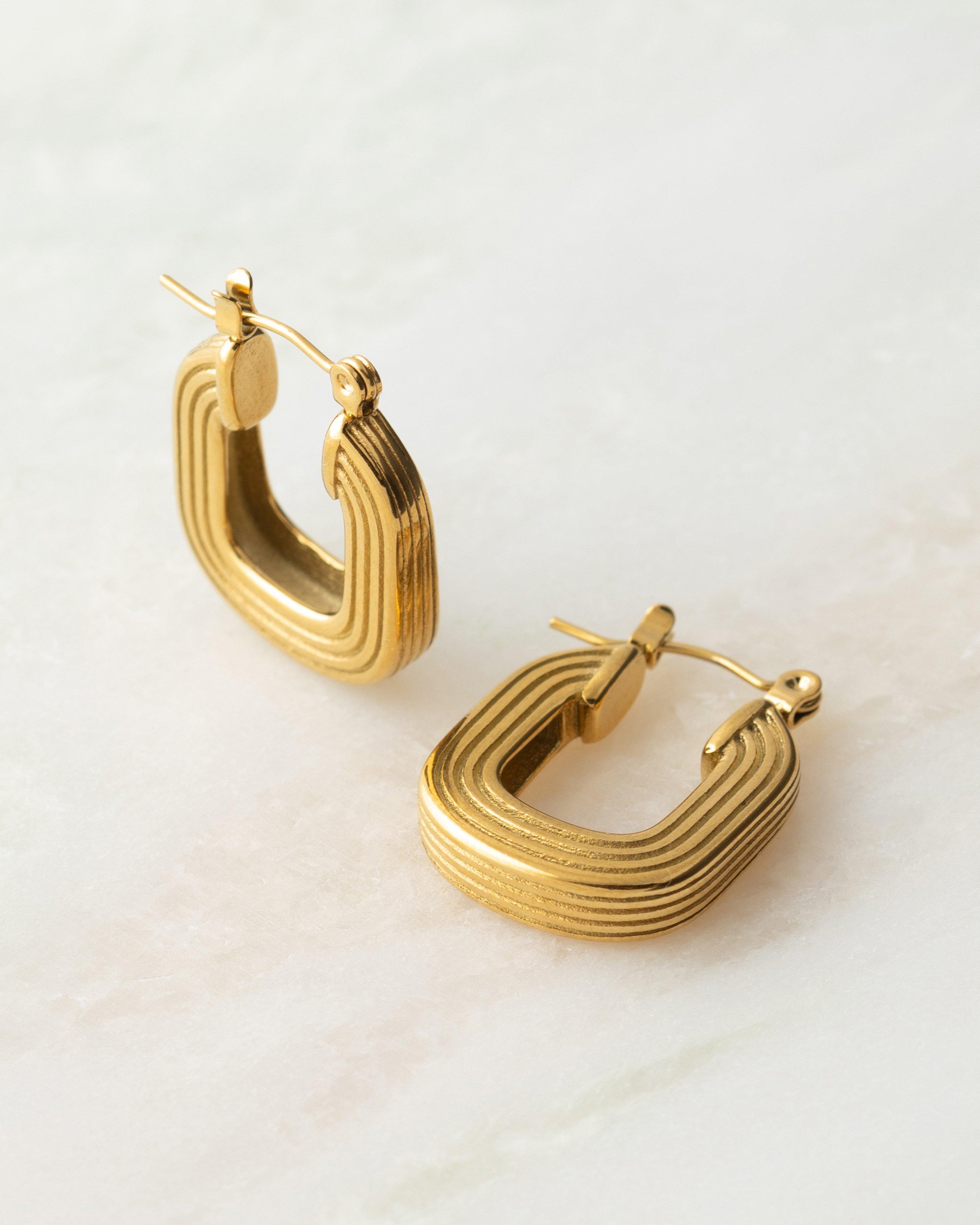 Women's Stainless Steel Squared Hoop Earrings -  Gold